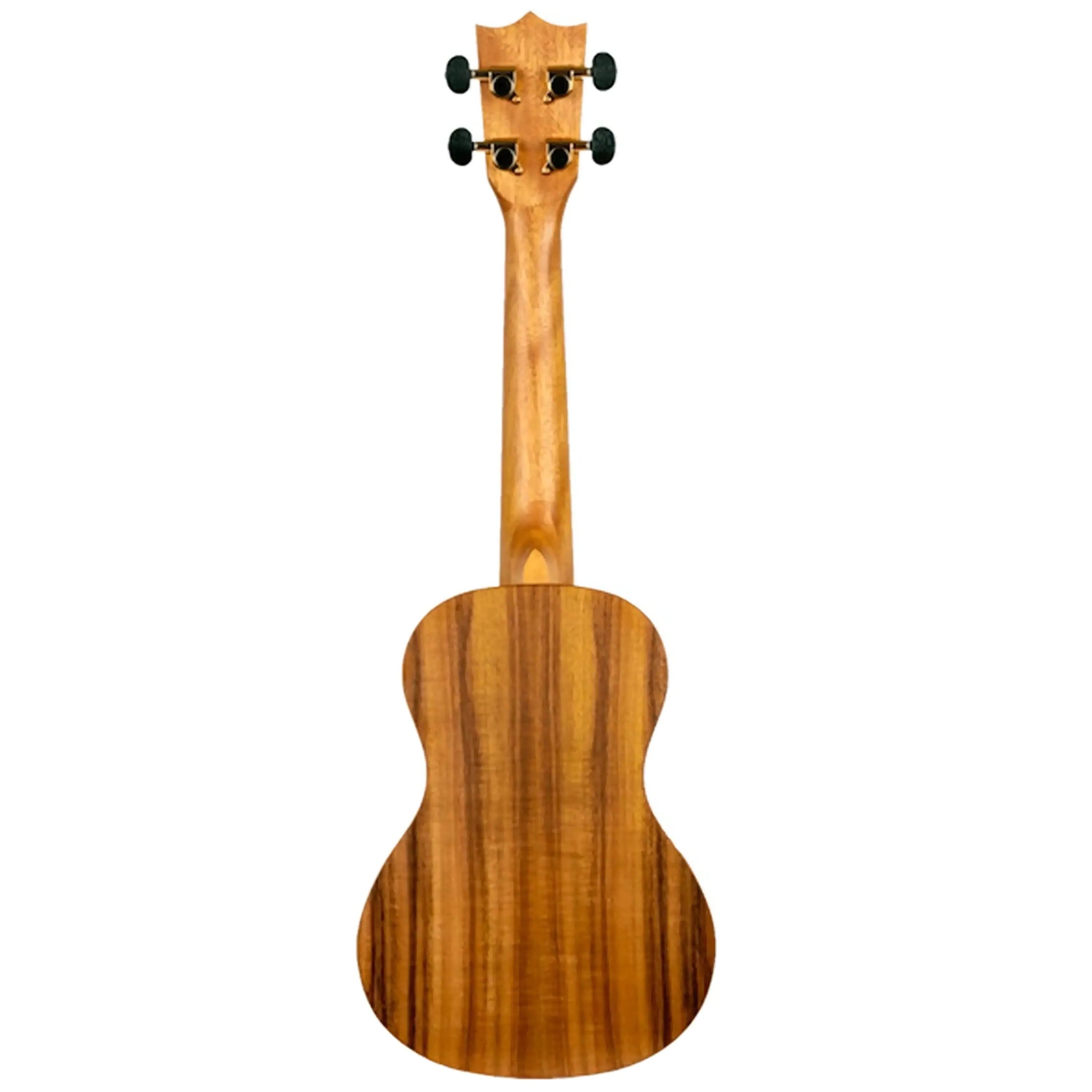 Back of a Flight DUC440 Acacia Concert Ukulele with natural wood grain and black tuning pegs.