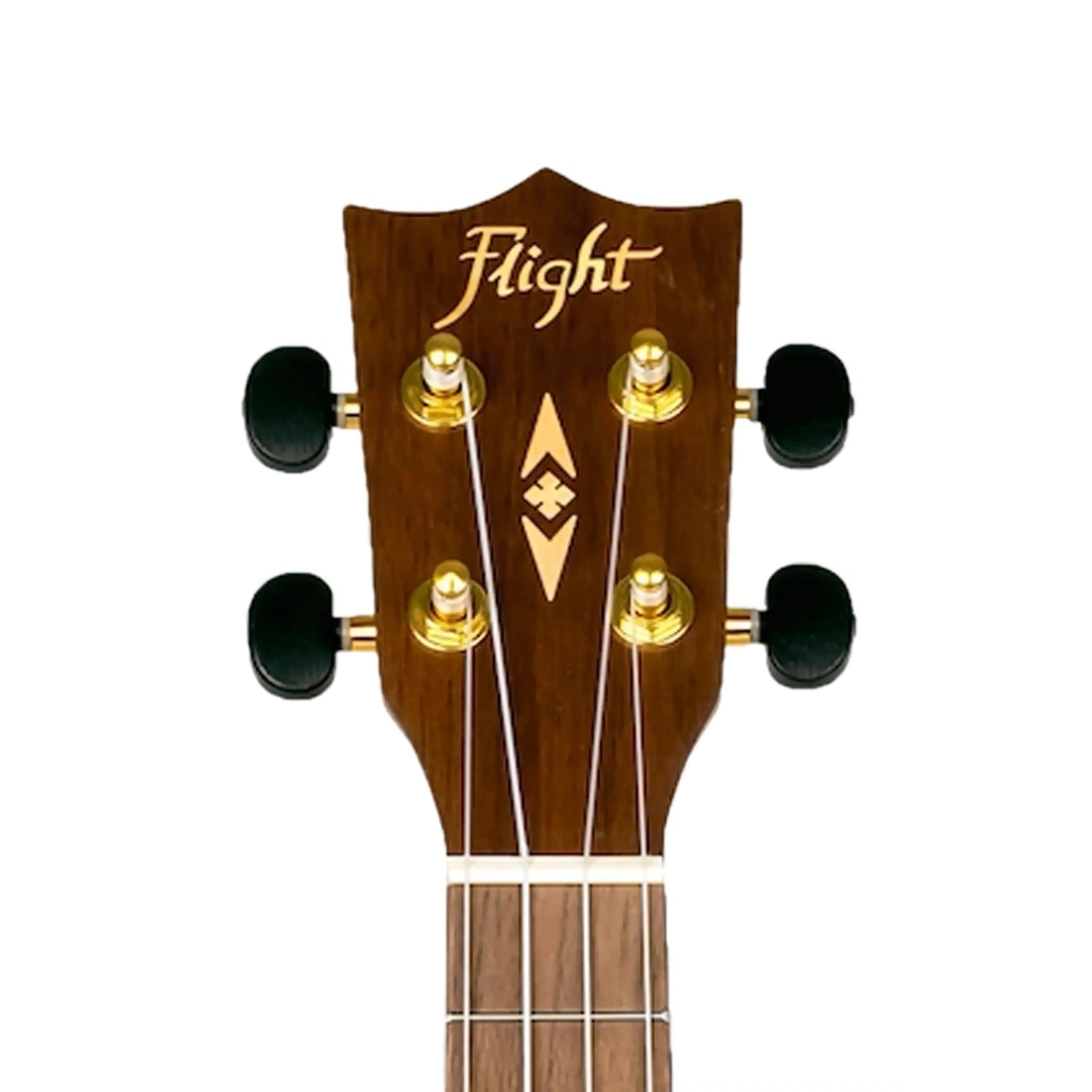 Flight DUC440 Acacia Concert Ukulele headstock with gold tuners and Flight logo.
