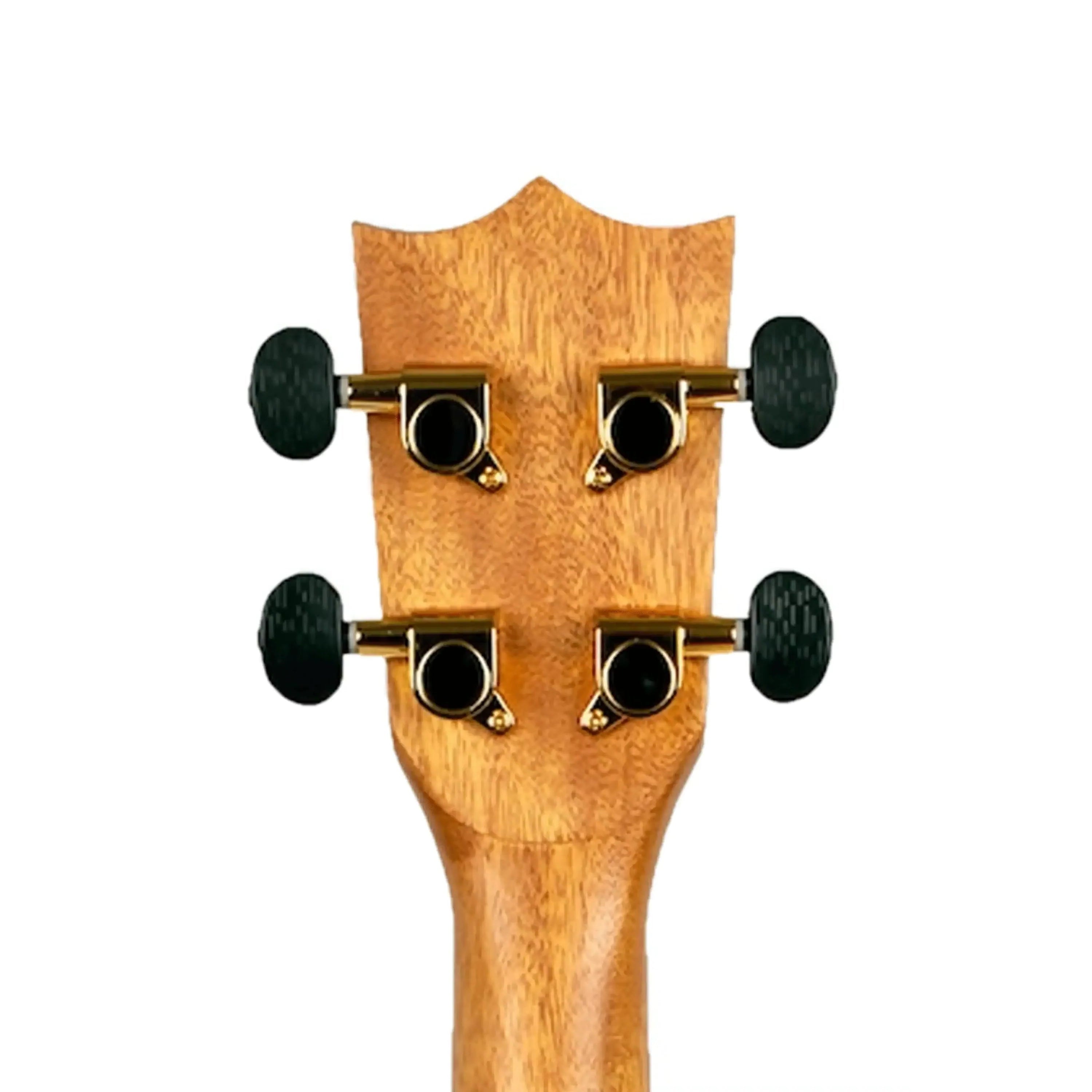 Flight DUC440 Acacia Concert Ukulele headstock with four black tuning pegs and gold hardware.