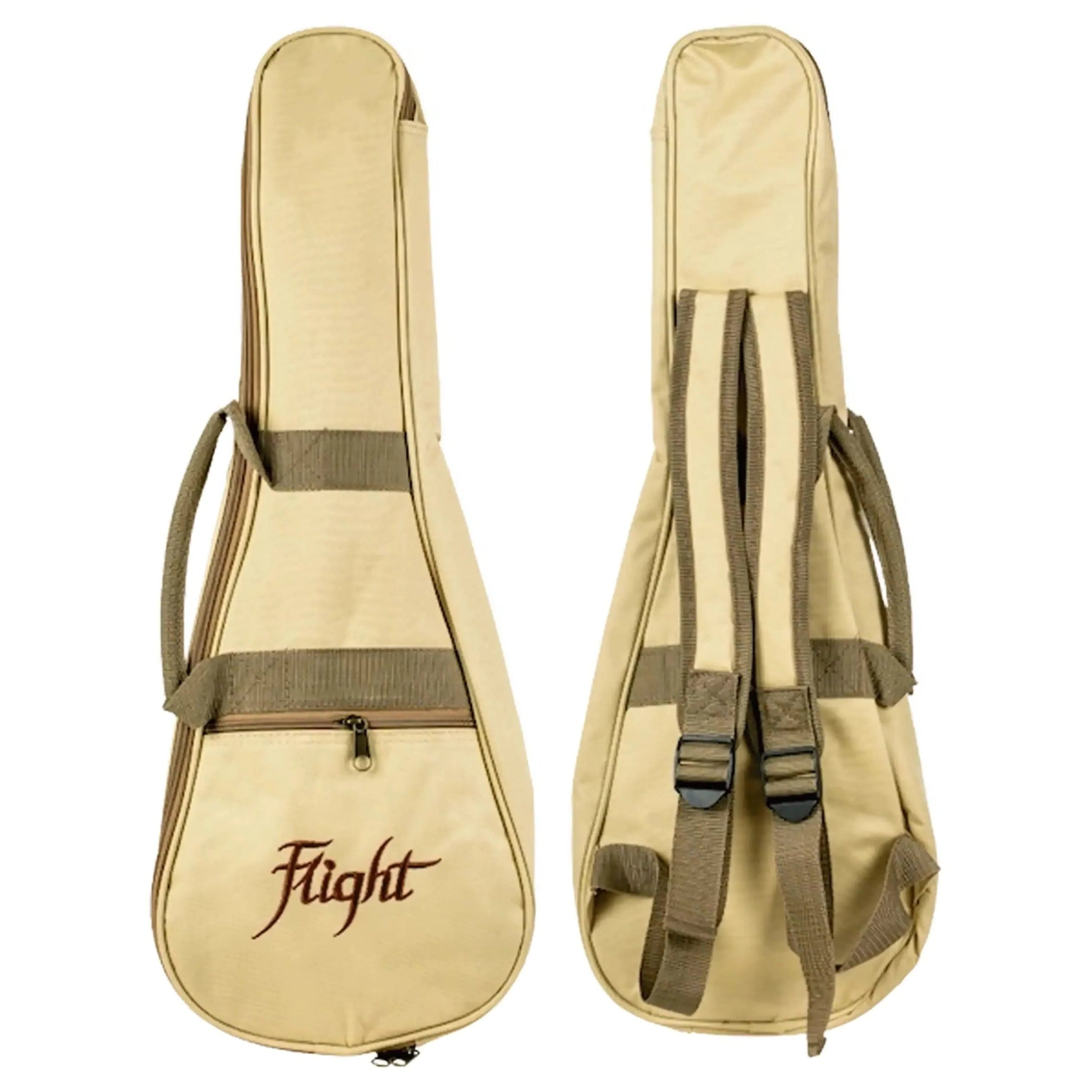Flight ukulele gig bag, light tan canvas with brown trim, front pocket, and backpack straps.