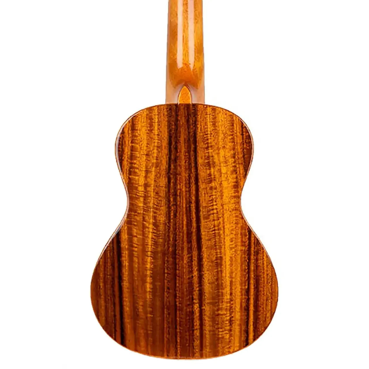 Flight DUC445 Supernatural Series Gloss Acacia Concert Ukulele, back view, showcasing rich brown wood grain.