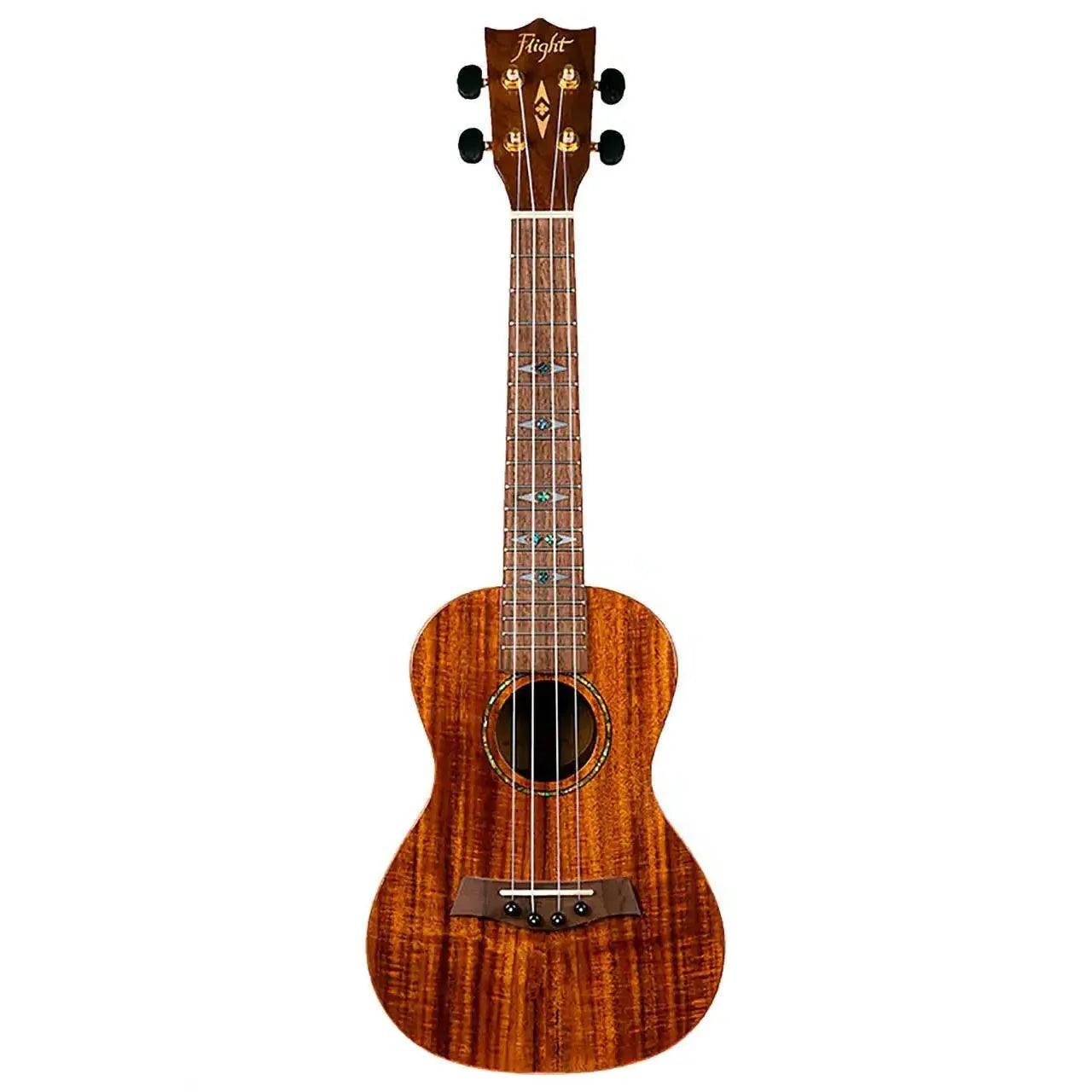 Flight DUC445 Supernatural Series Gloss Acacia Concert Ukulele with rich brown wood grain and diamond fretboard inlays.