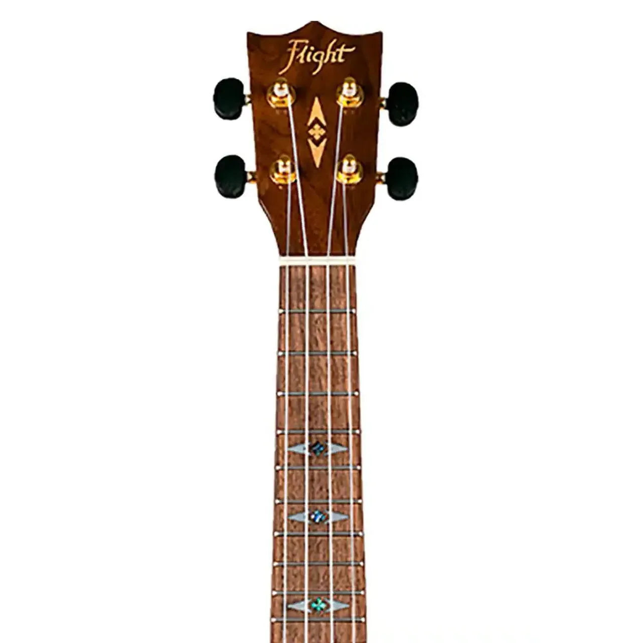 Flight DUC445 Supernatural Series concert ukulele headstock and fretboard with diamond inlays.