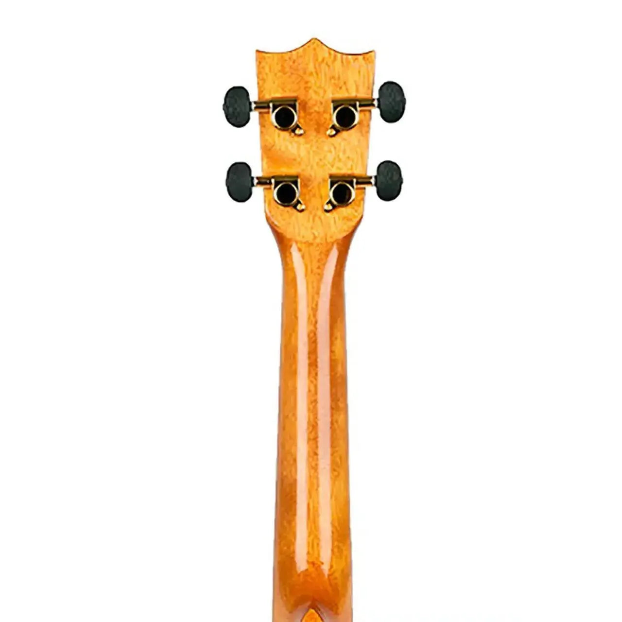 Flight DUC445 Supernatural Series Gloss Acacia Concert Ukulele neck and headstock with black tuners.