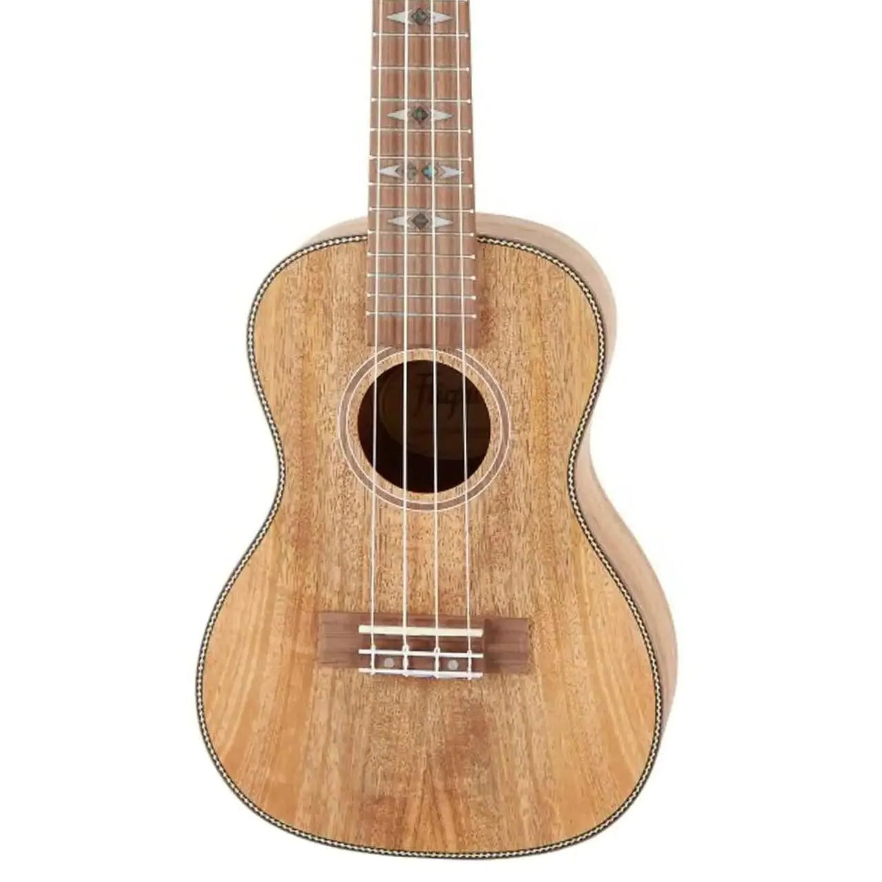 Flight DUC450 Mango Concert Ukulele with natural wood grain, dark binding, and decorative fretboard inlays.
