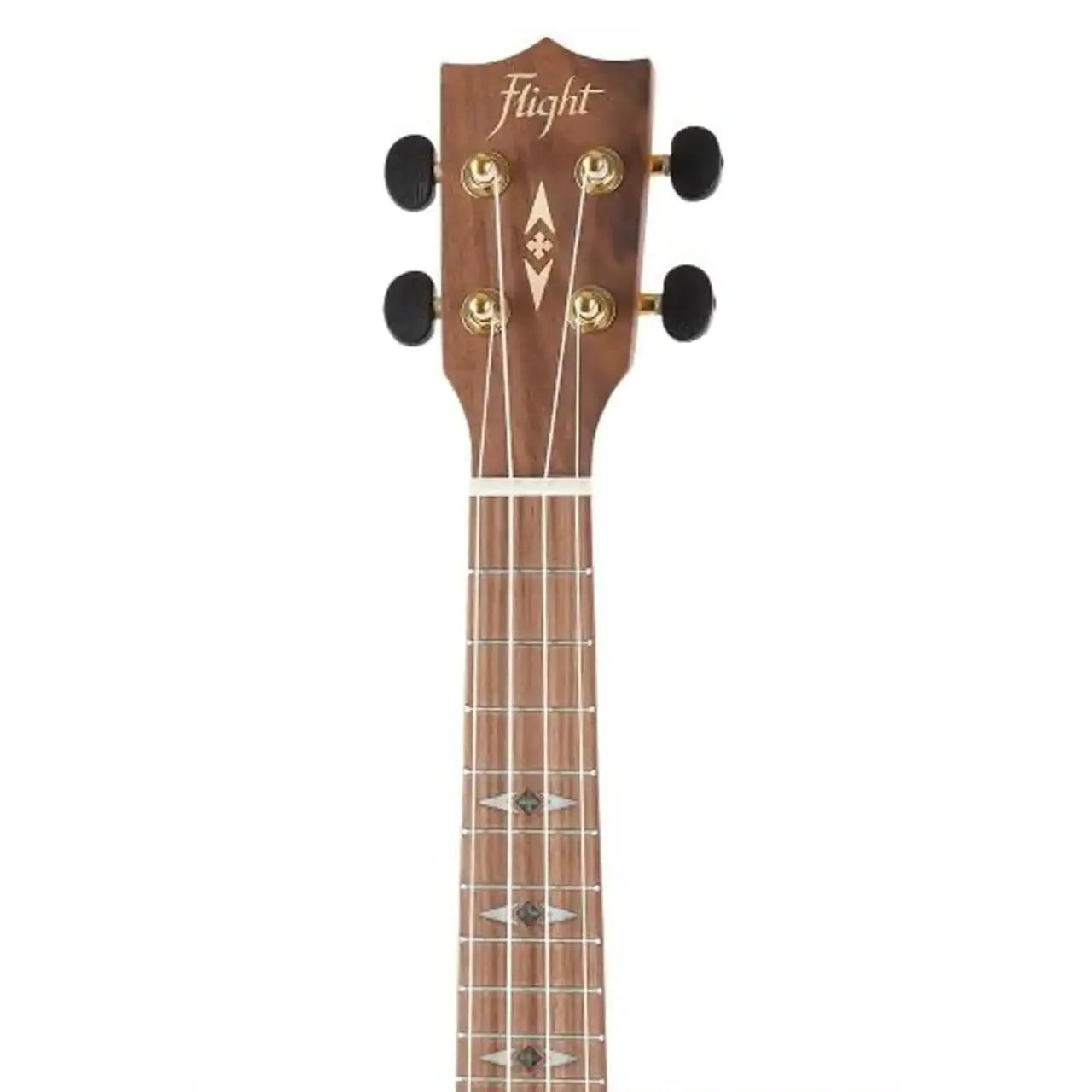 Flight DUC450 Mango Concert Ukulele headstock and fretboard with diamond inlays.