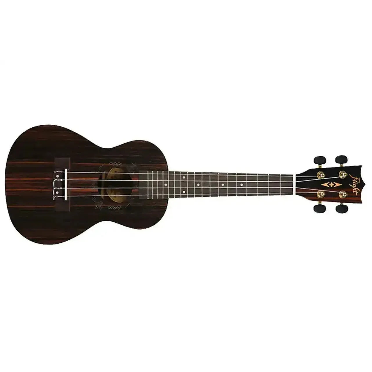 Flight DUC460 Supernatural Amara Concert Ukulele with dark wood grain, gold tuners, and soundhole rosette.