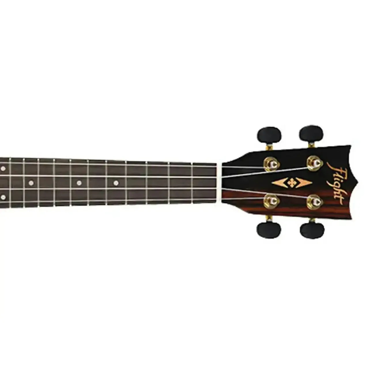 Flight DUC460 Amara Concert Ukulele headstock and fretboard with gold tuners.