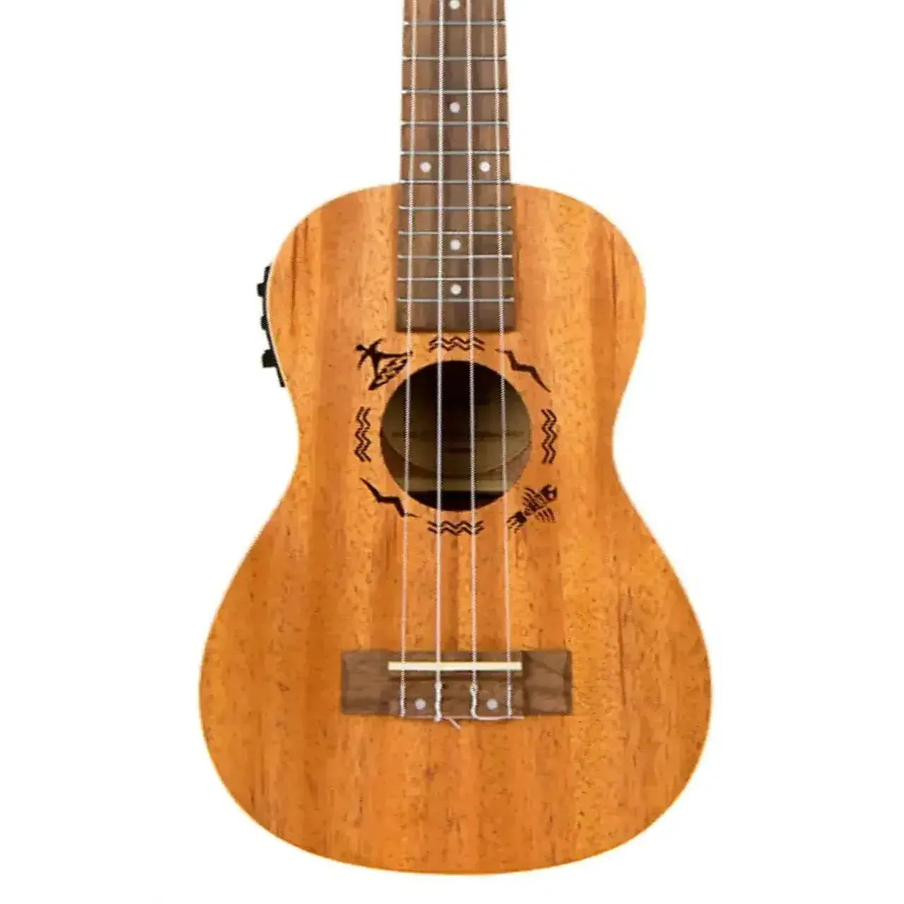 Flight DUC523 CEQ mahogany concert ukulele with unique beach-themed soundhole design and EQ controls.