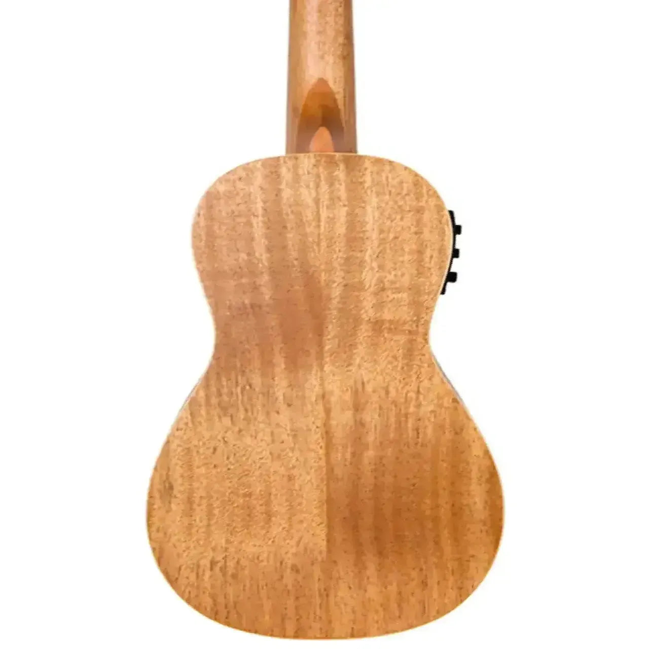 Back of a Flight DUC523 CEQ Concert Ukulele, showing its light brown mahogany wood grain and satin finish.