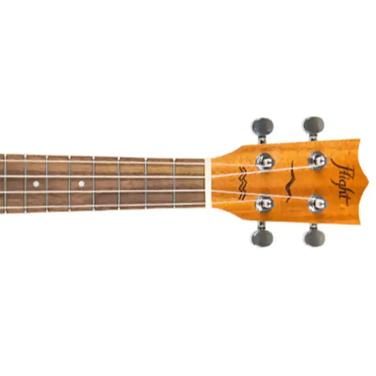 Flight DUC523 CEQ Concert Ukulele headstock and neck, showing mahogany wood grain, tuning pegs, and fretboard.