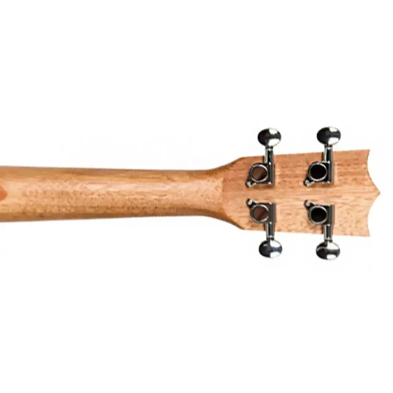 Back of Flight DUC523 CEQ mahogany concert ukulele headstock with four chrome tuning pegs.