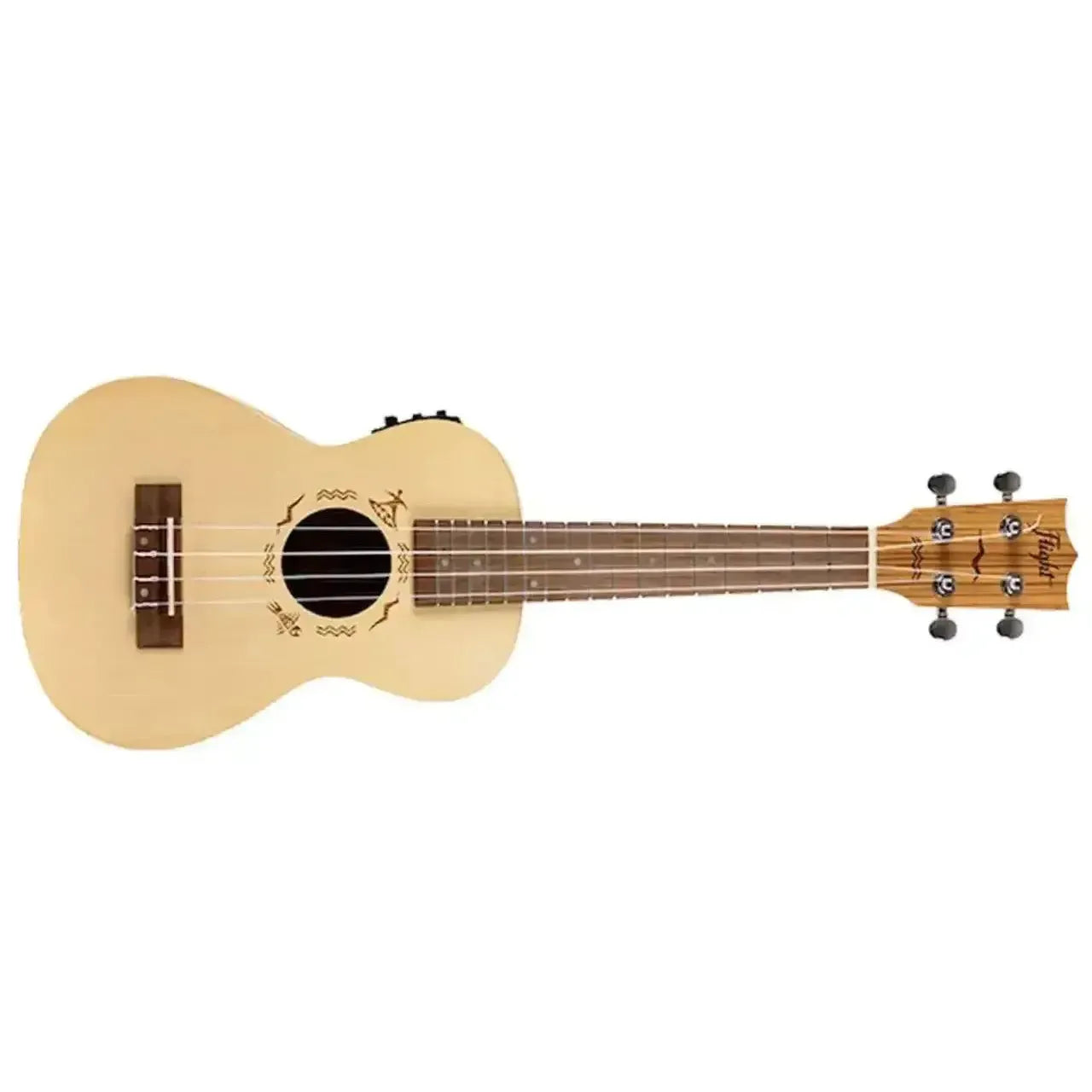 Flight DUC525 EQ Concert Ukulele with light spruce top, zebrawood back, and tribal rosette design.