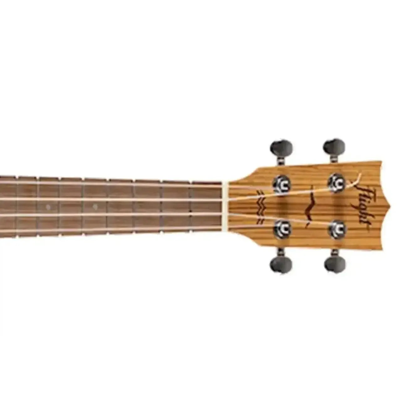 Flight DUC525 Concert Ukulele headstock and fretboard, showing zebrawood grain, tuning pegs, and Flight logo.