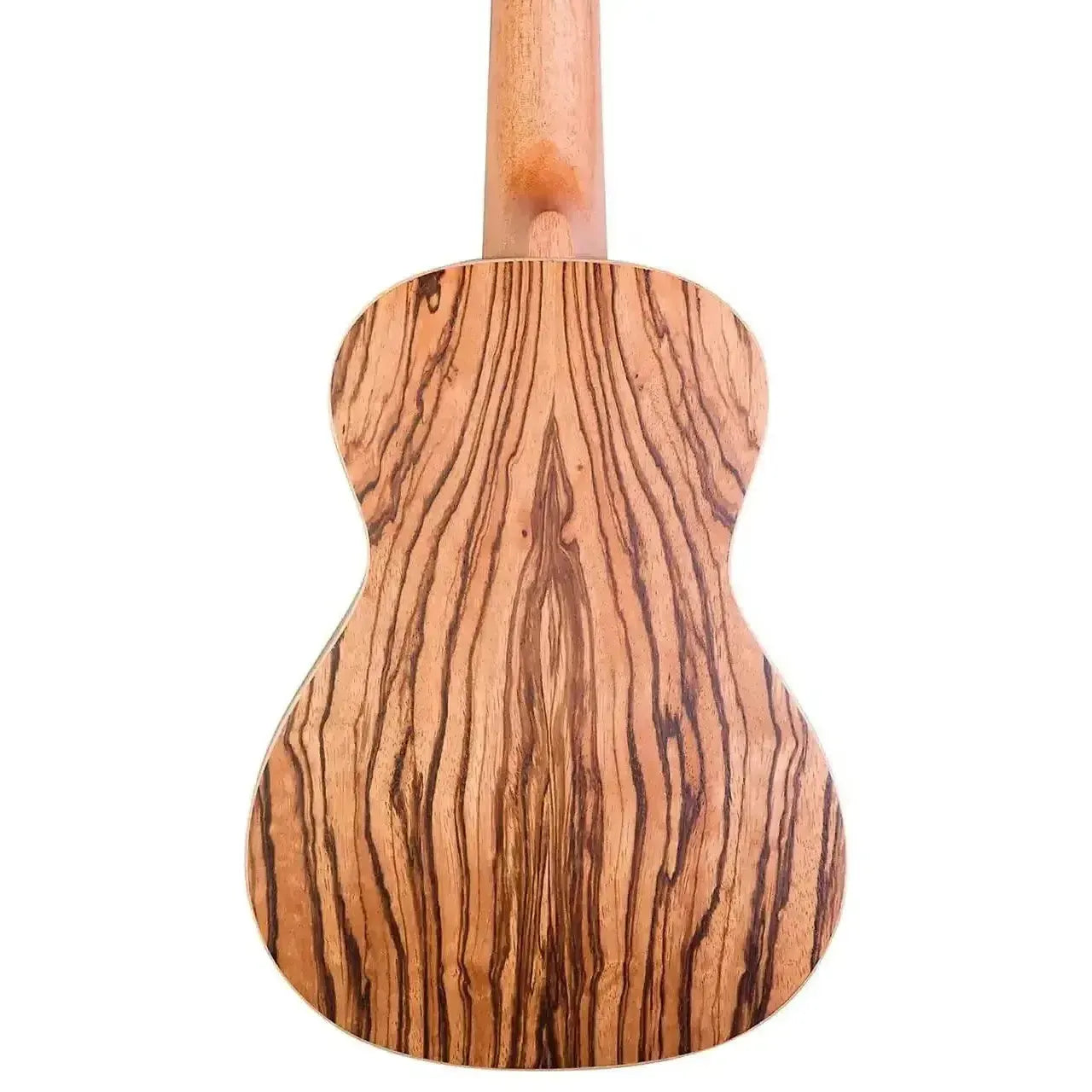 Back of Flight DUC525 Concert Ukulele, showcasing its unique zebrawood grain and light wood neck.