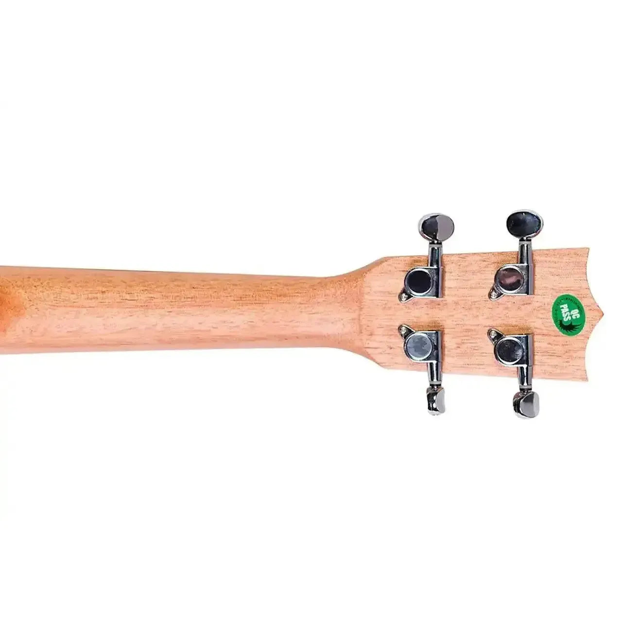 Back of Flight DUC525 Concert Ukulele headstock and neck, showing four chrome tuners and light wood grain.