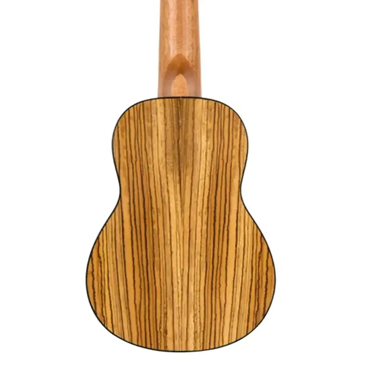 Back of a Flight DUS320 Soprano Ukulele, showing its zebrawood body and light wood neck.