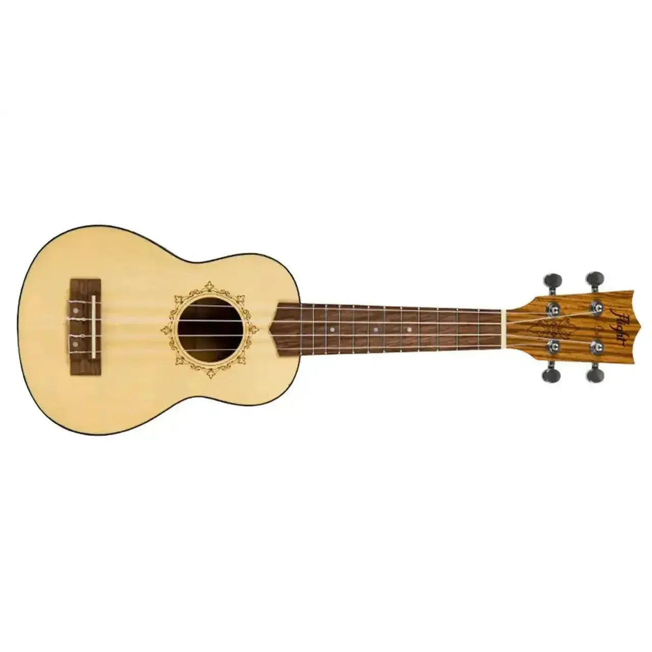 Flight DUS320 SP/ZEB Soprano Ukulele with light spruce top, zebrawood headstock, and ornate rosette.