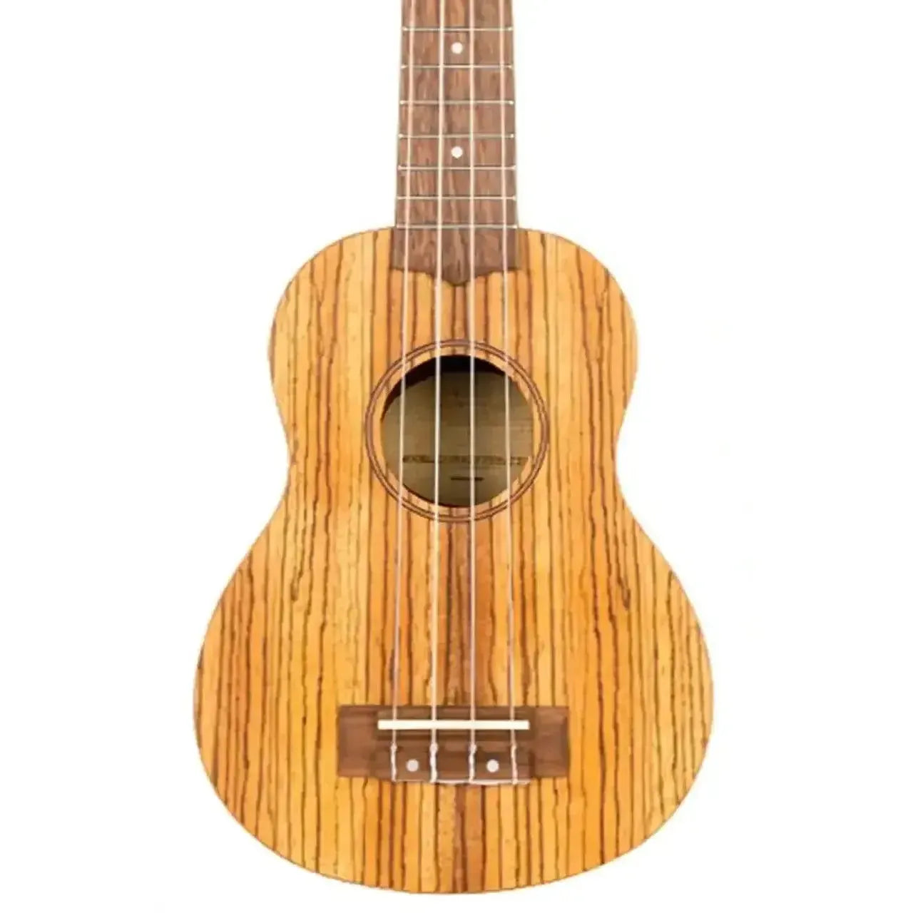 Flight DUS322 Zebrawood Soprano Ukulele with striking wood grain and laser-engraved rosette.