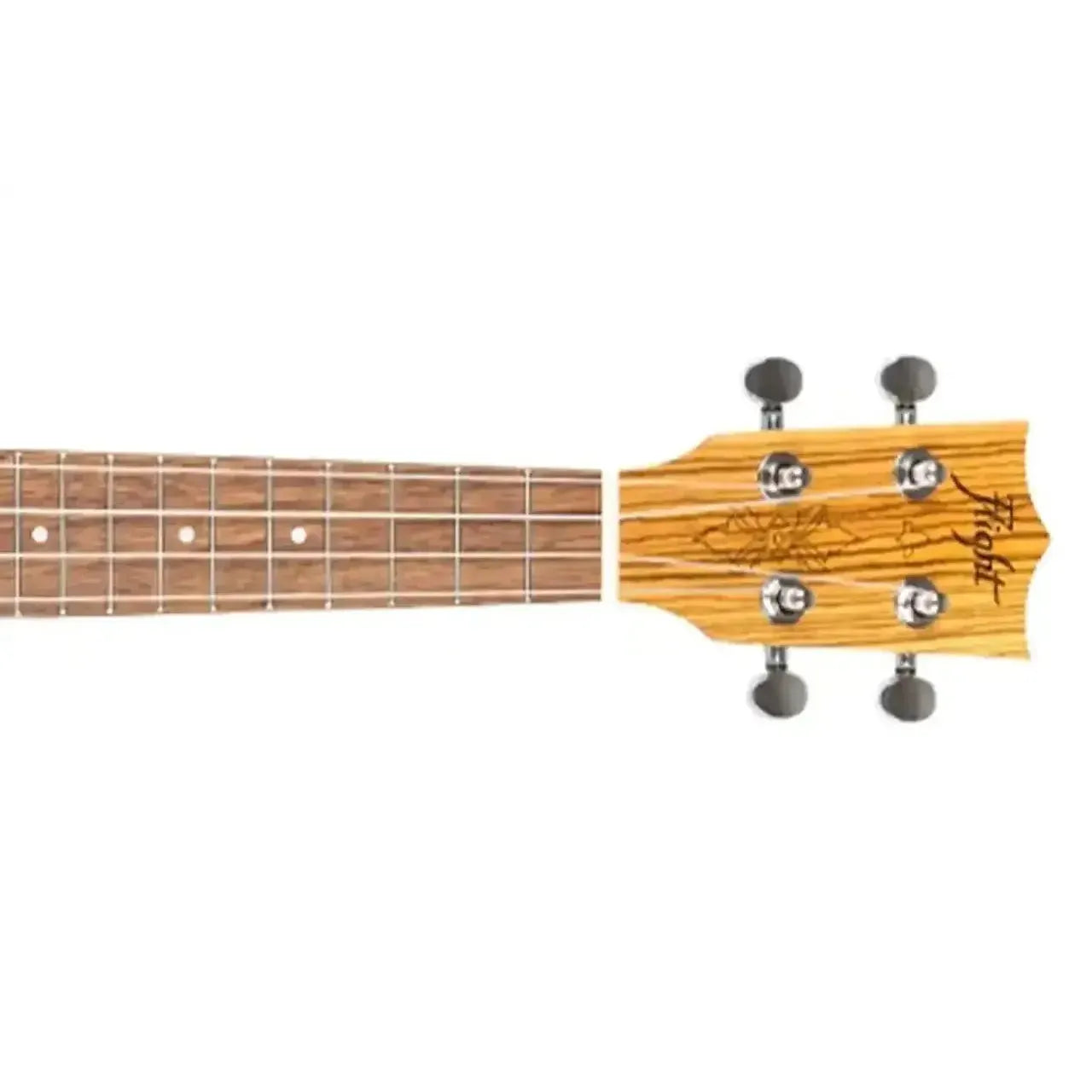 Flight DUS322 Zebrawood Soprano Ukulele headstock and fretboard with tuners and laser-engraved rosette.