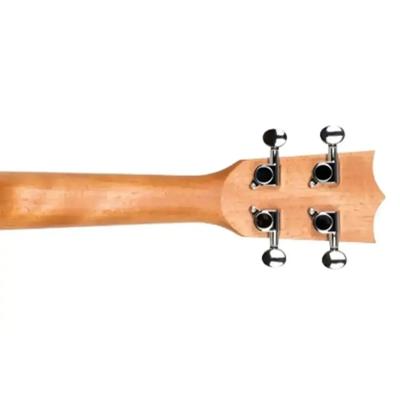 Back of Flight DUS322 Zebrawood Soprano Ukulele headstock with four chrome tuning pegs.