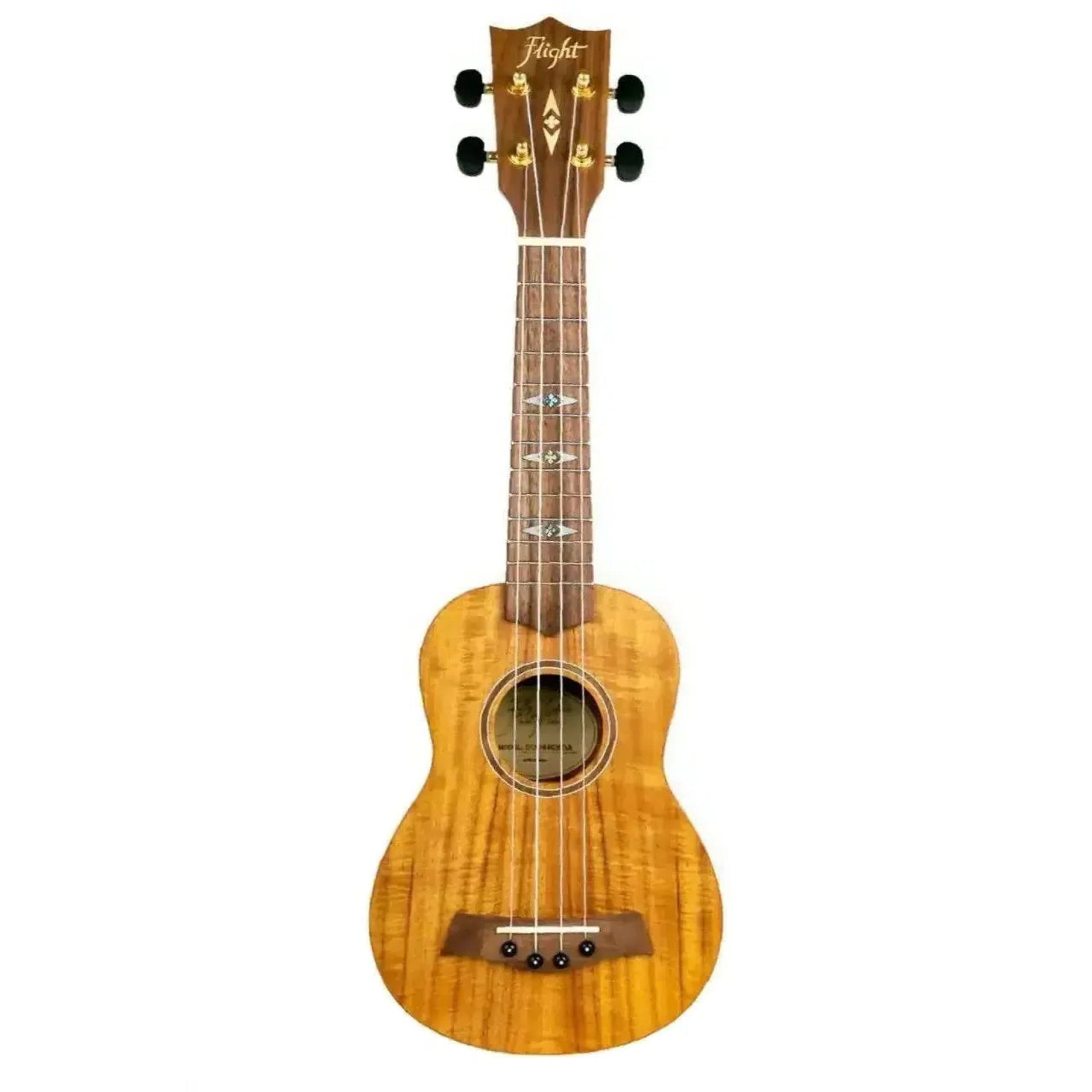 Flight DUS440 Supernatural Series Acacia Soprano Ukulele with natural satin finish and diamond fretboard inlays.