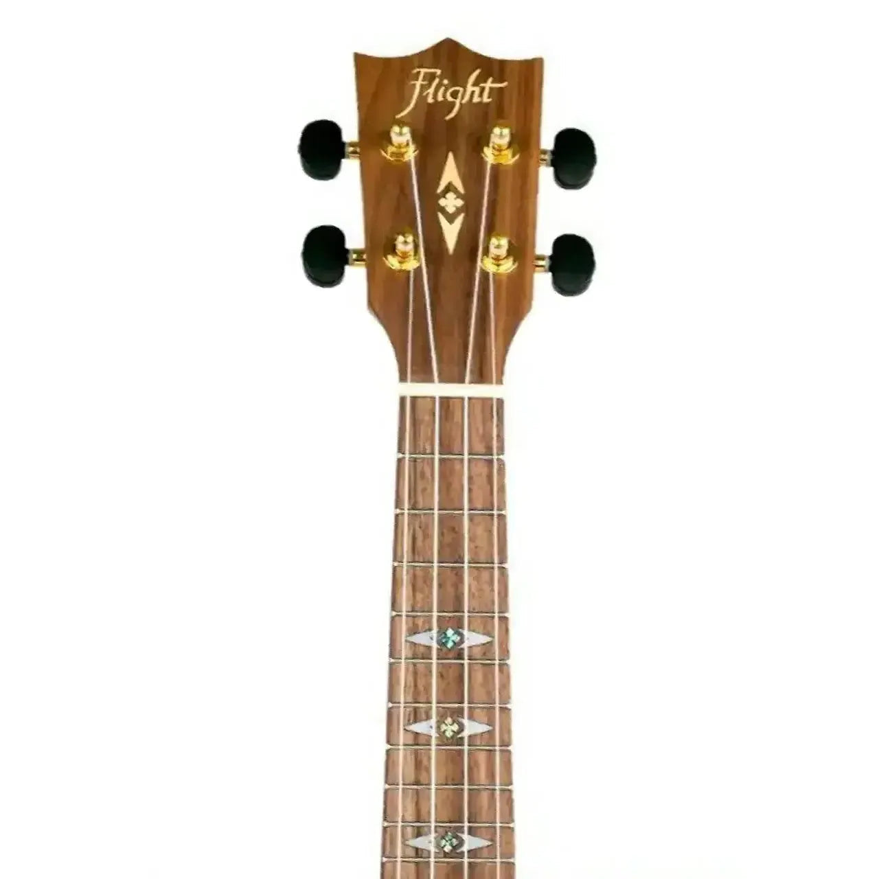 Flight DUS440 Supernatural Series Acacia Soprano Ukulele neck and headstock with gold tuners.