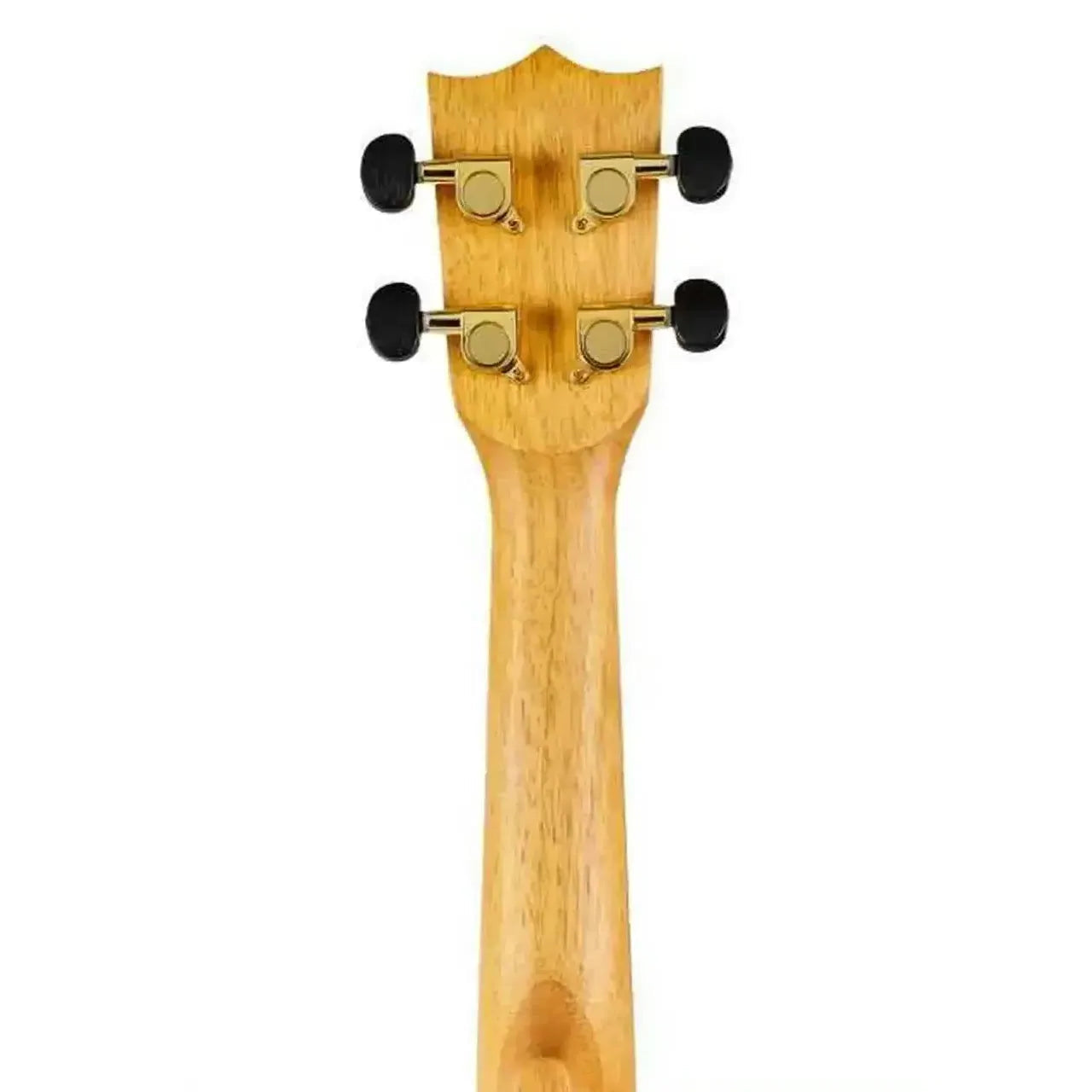 Flight DUS440 Supernatural Series Acacia Soprano Ukulele headstock with gold die-cast geared tuners.