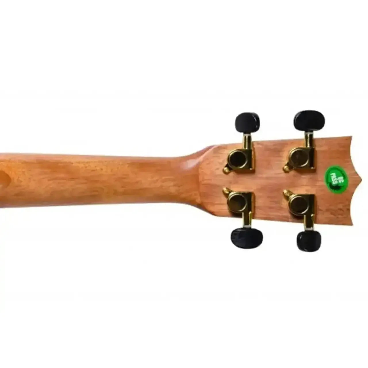 Back of Flight DUS450 Mango Soprano Ukulele headstock with chrome geared tuners and African okoume neck.
