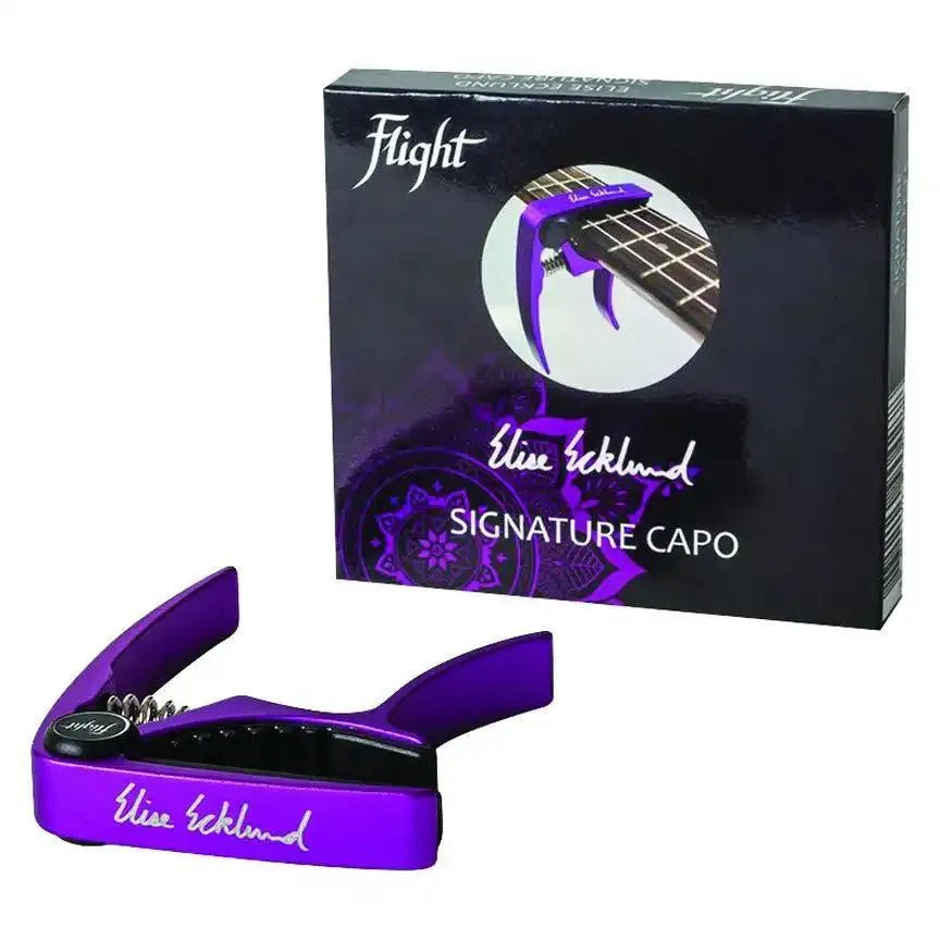 Flight Elise Ecklund Signature ukulele capo in matte purple with spring-loaded design and eco-friendly box.