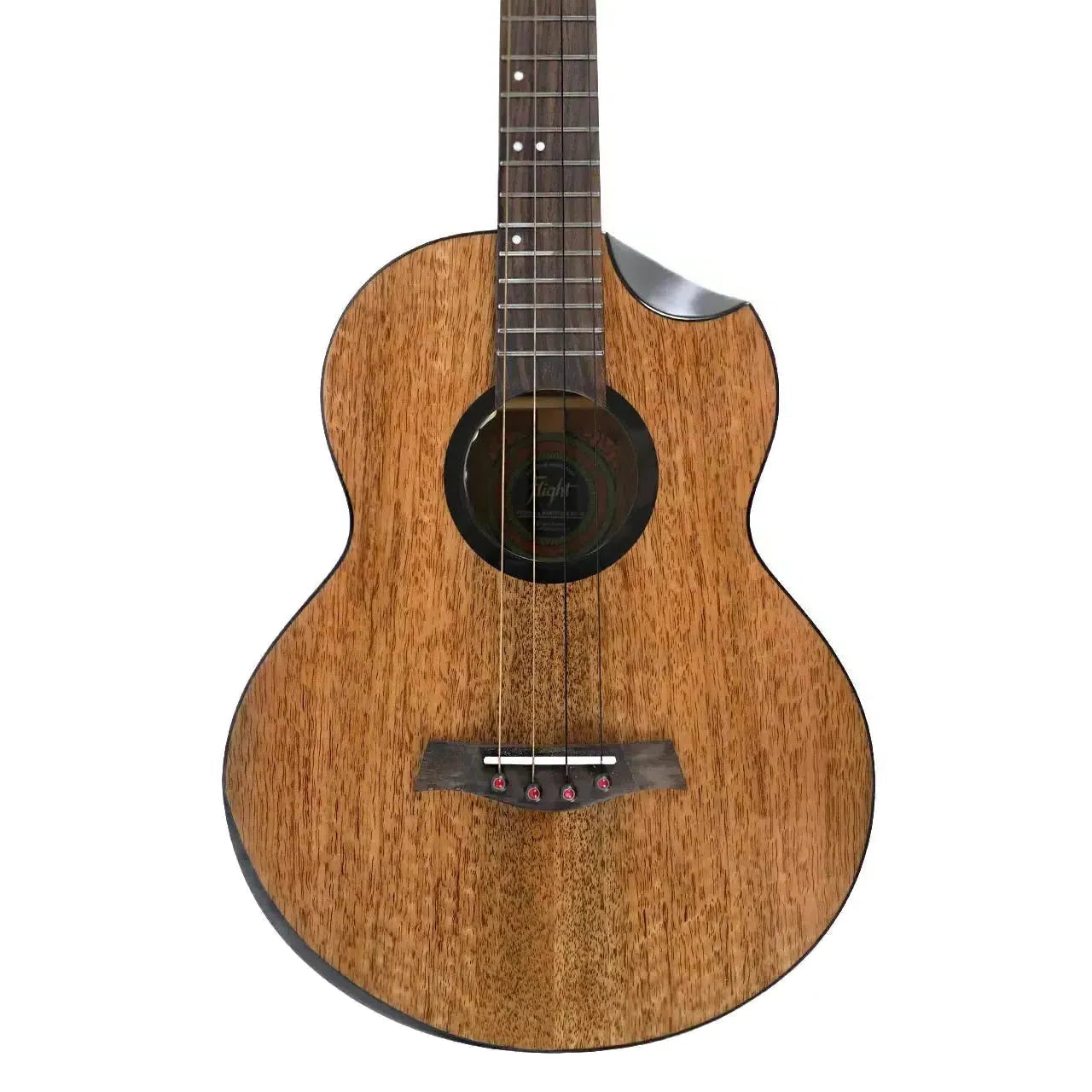 Flight Fireball EQ-A Solid Mango Baritone Ukulele, close-up of the body with natural wood grain, dark rosette, and cutaway.