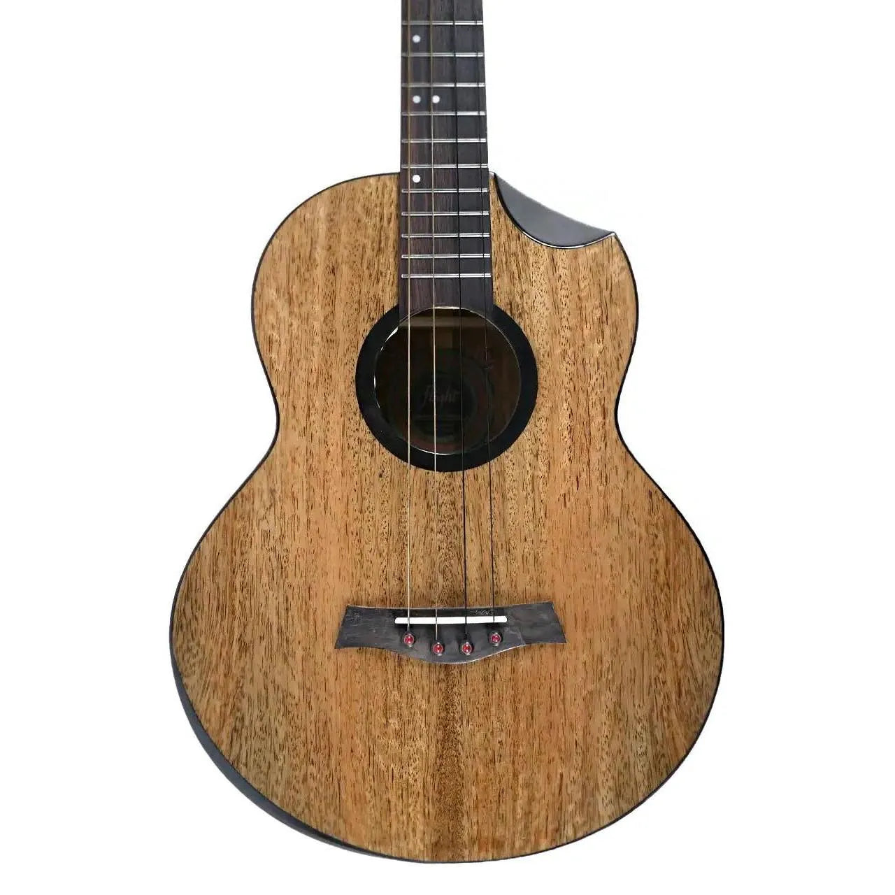 Flight Fireball EQ-A Baritone Ukulele with solid mango wood body, dark rosewood fretboard, and scalloped cutaway.
