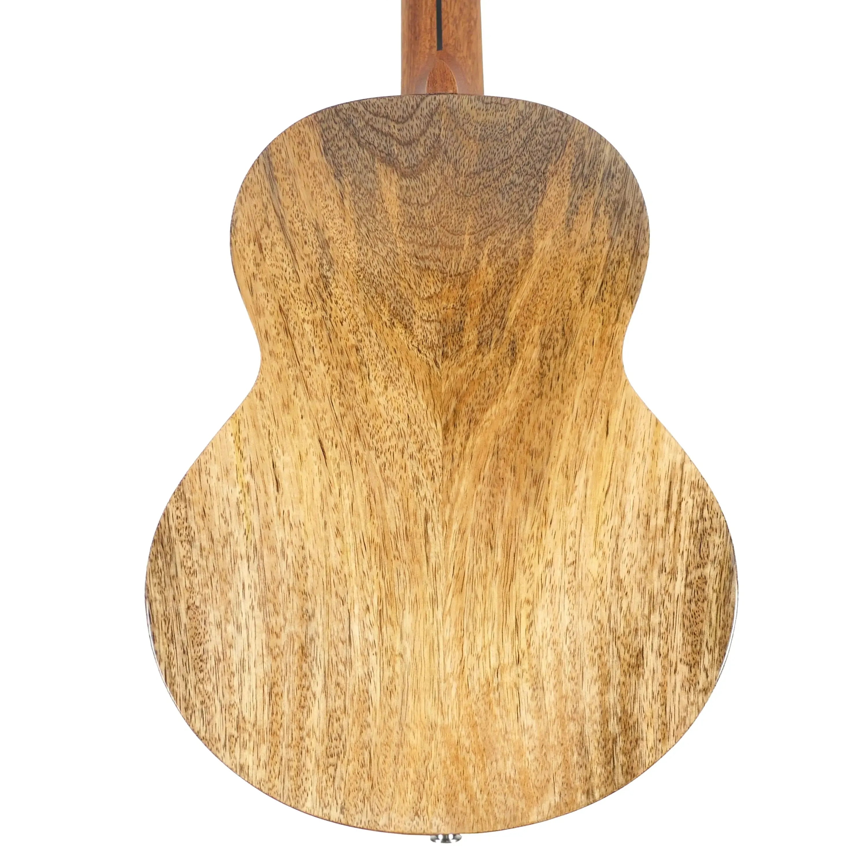 Back of a Flight Fireball solid mango baritone ukulele, showcasing its natural wood grain and gloss finish.
