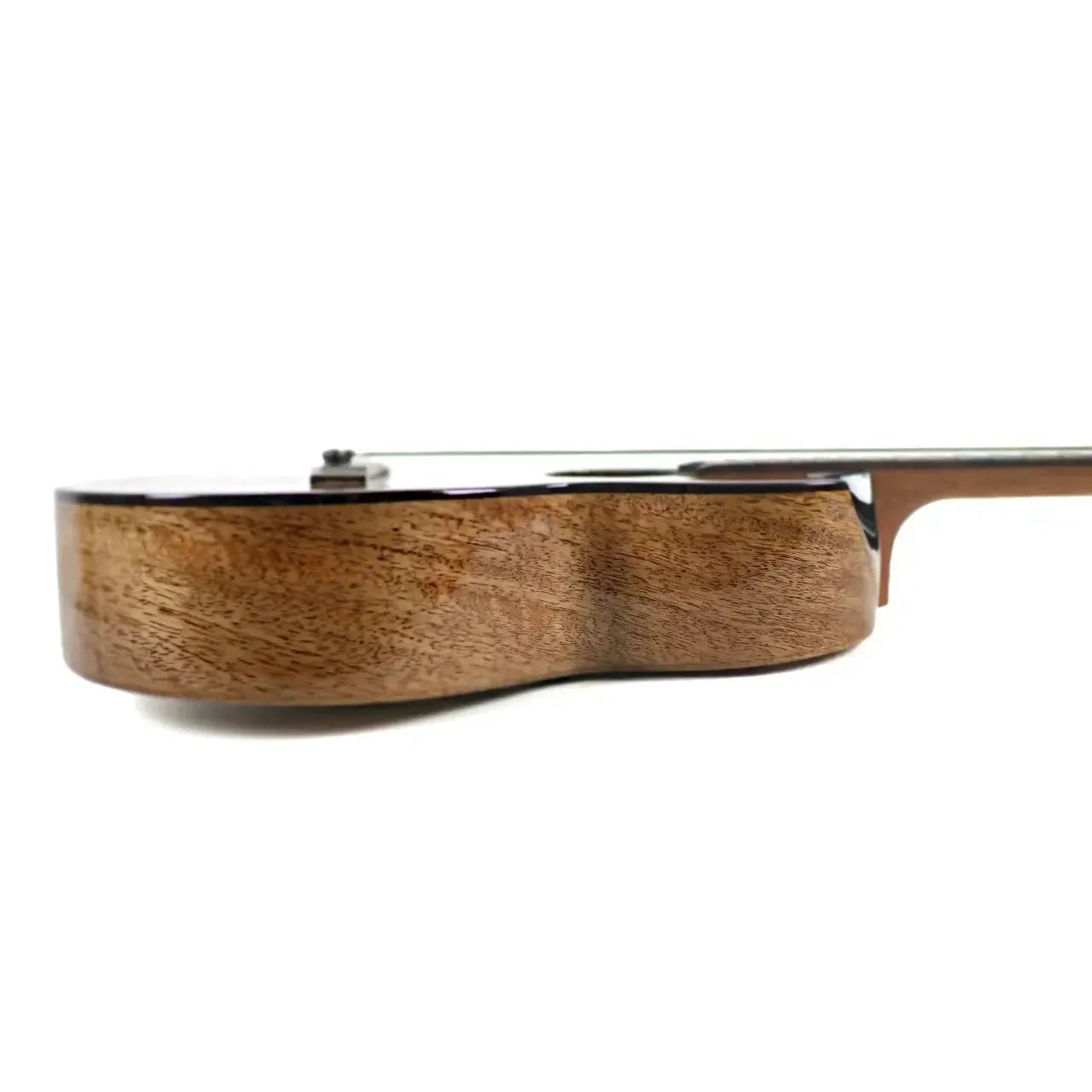 Flight Fireball EQ-A Baritone Ukulele, side view, showing solid mango wood body with gloss finish.