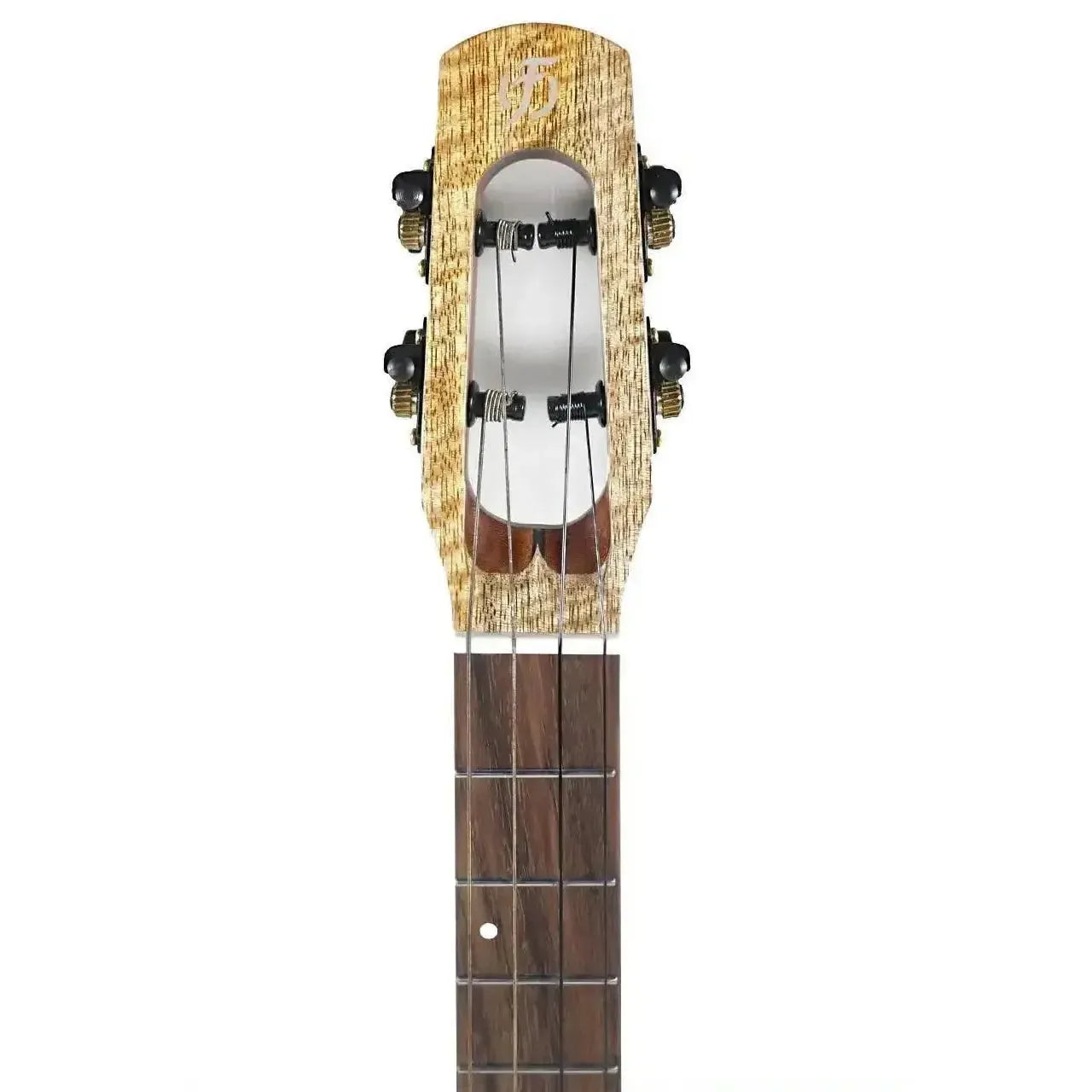 Flight Fireball Baritone Ukulele headstock and upper fretboard, showing solid mango wood and black tuners.