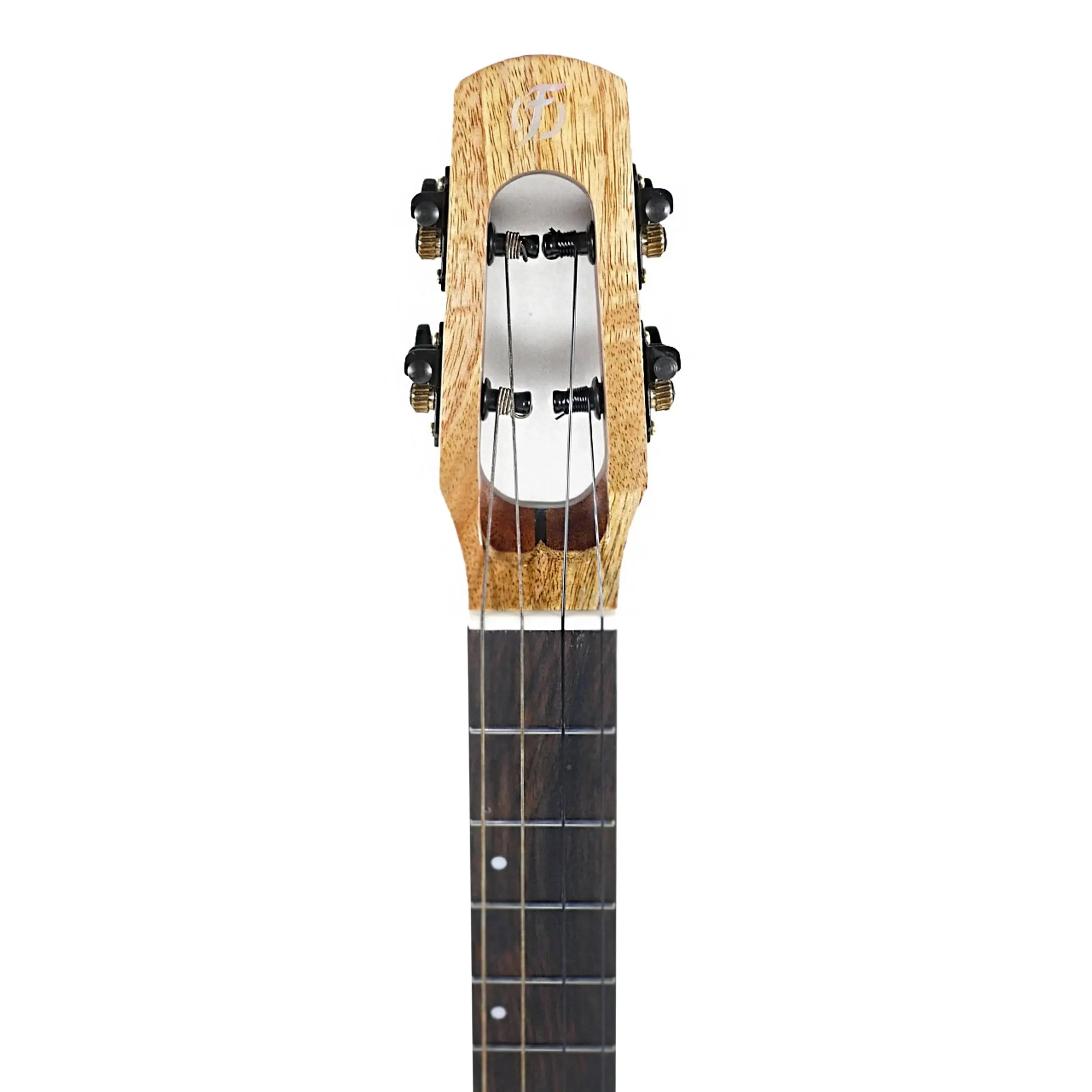 Flight Fireball EQ-A Baritone Ukulele headstock and fretboard, showing solid mango wood and black tuners.