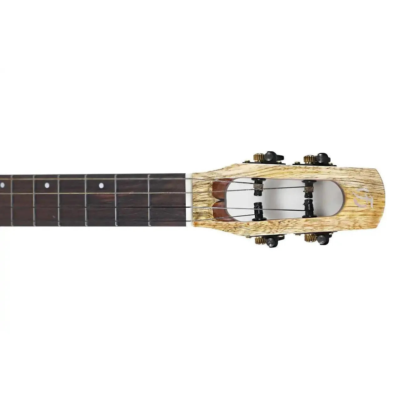 Flight Fireball EQ-A Baritone Ukulele headstock and fretboard, showing light mango wood and dark rosewood.
