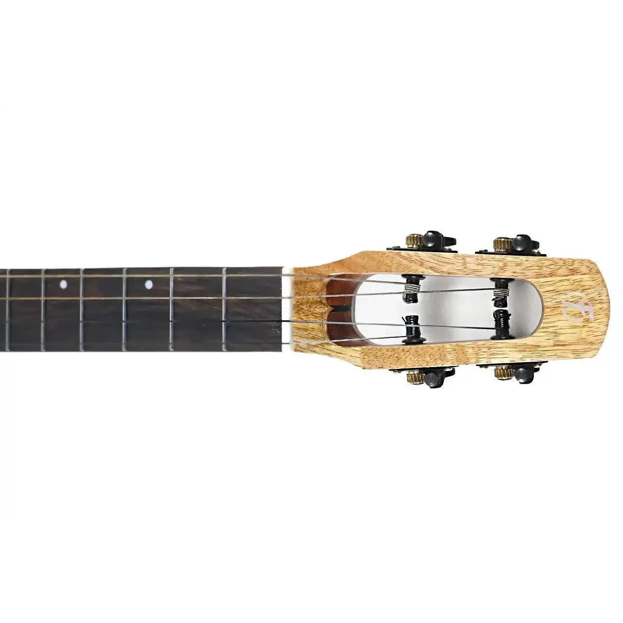 Flight Fireball EQ-A Baritone Ukulele headstock and fretboard, showing light mango wood and dark rosewood.