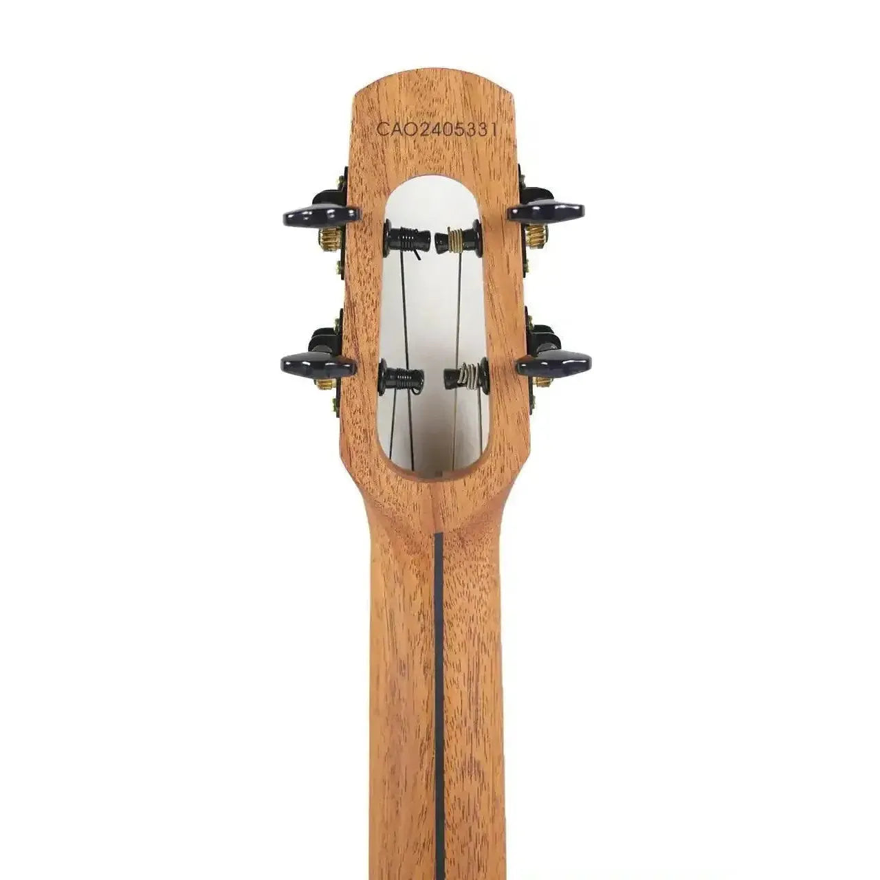 Flight Fireball solid mango baritone ukulele headstock with black tuners and serial number.