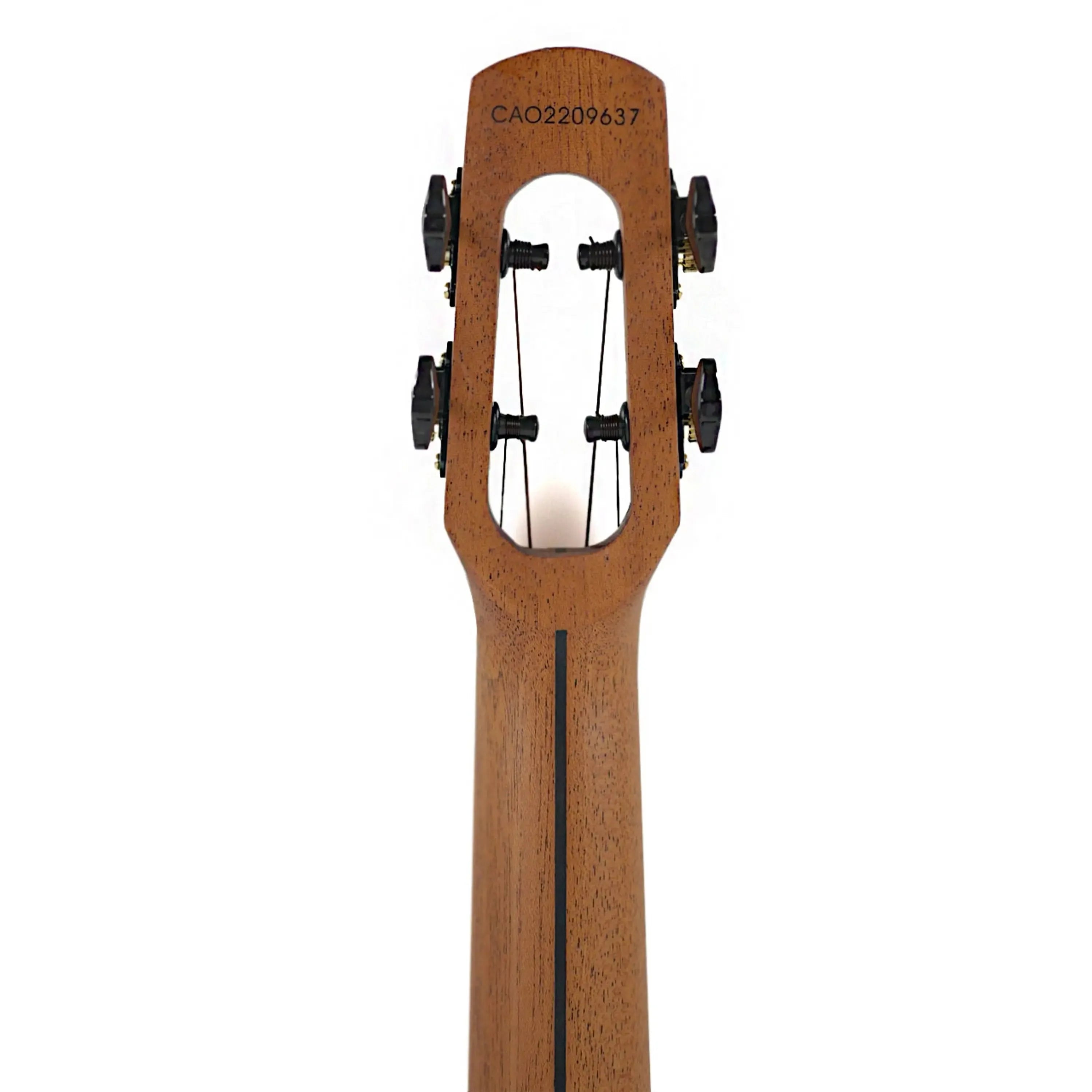 Flight Fireball Baritone Ukulele headstock and neck, showing solid mango wood, black tuners, and serial number.