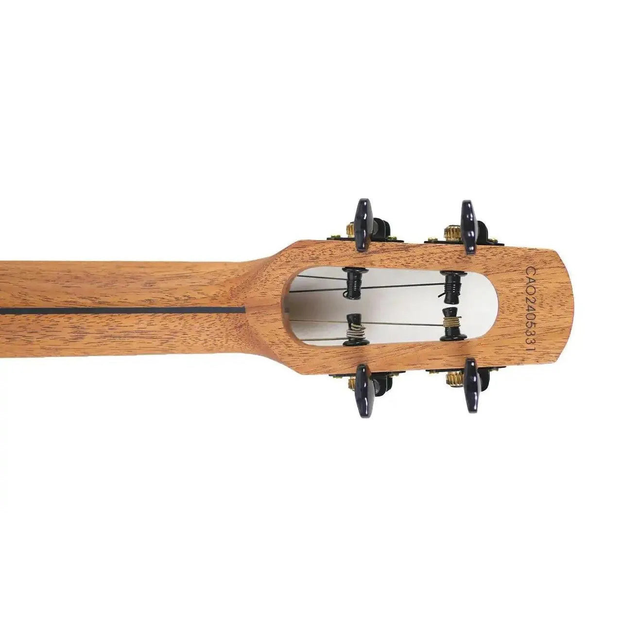 Flight Fireball EQ-A Baritone Ukulele headstock and neck, showing solid mango wood grain and black tuners.