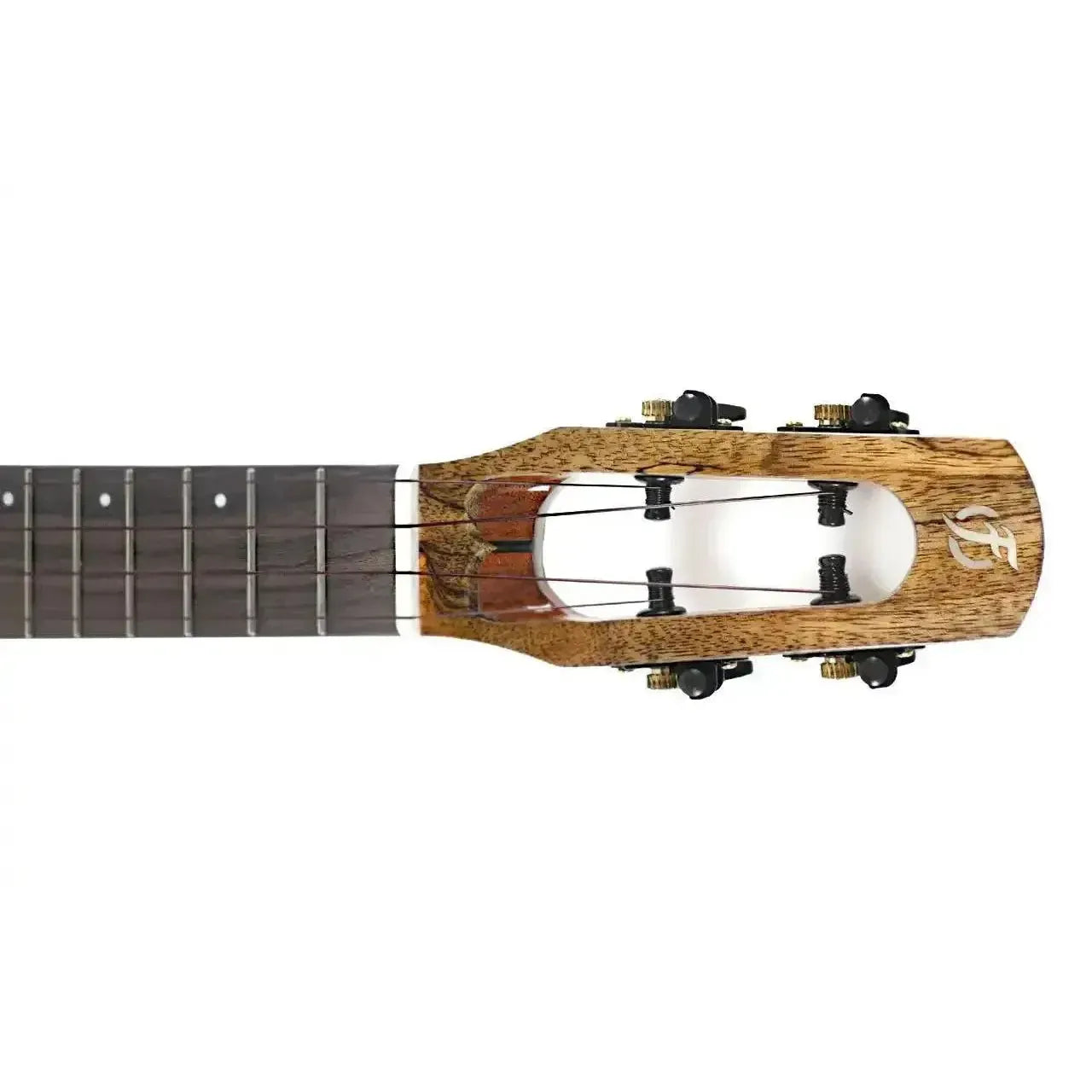 Flight Fireball EQ-A Soprano Ukulele headstock and neck, showing solid mango wood and black tuners.
