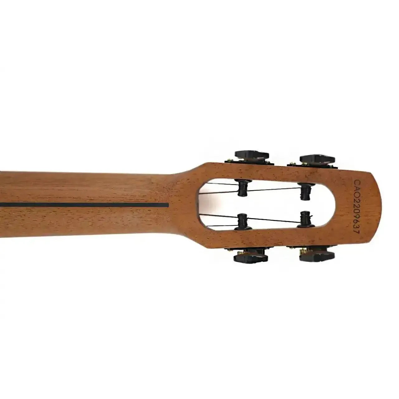 Flight Fireball EQ-A Soprano Ukulele headstock, showing African mahogany neck and black tuners.