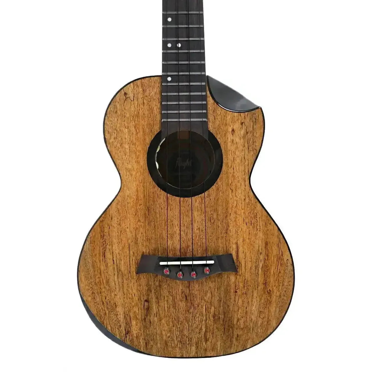 Flight Fireball EQ-A Tenor Ukulele, solid mango wood body with dark fretboard and red strings.