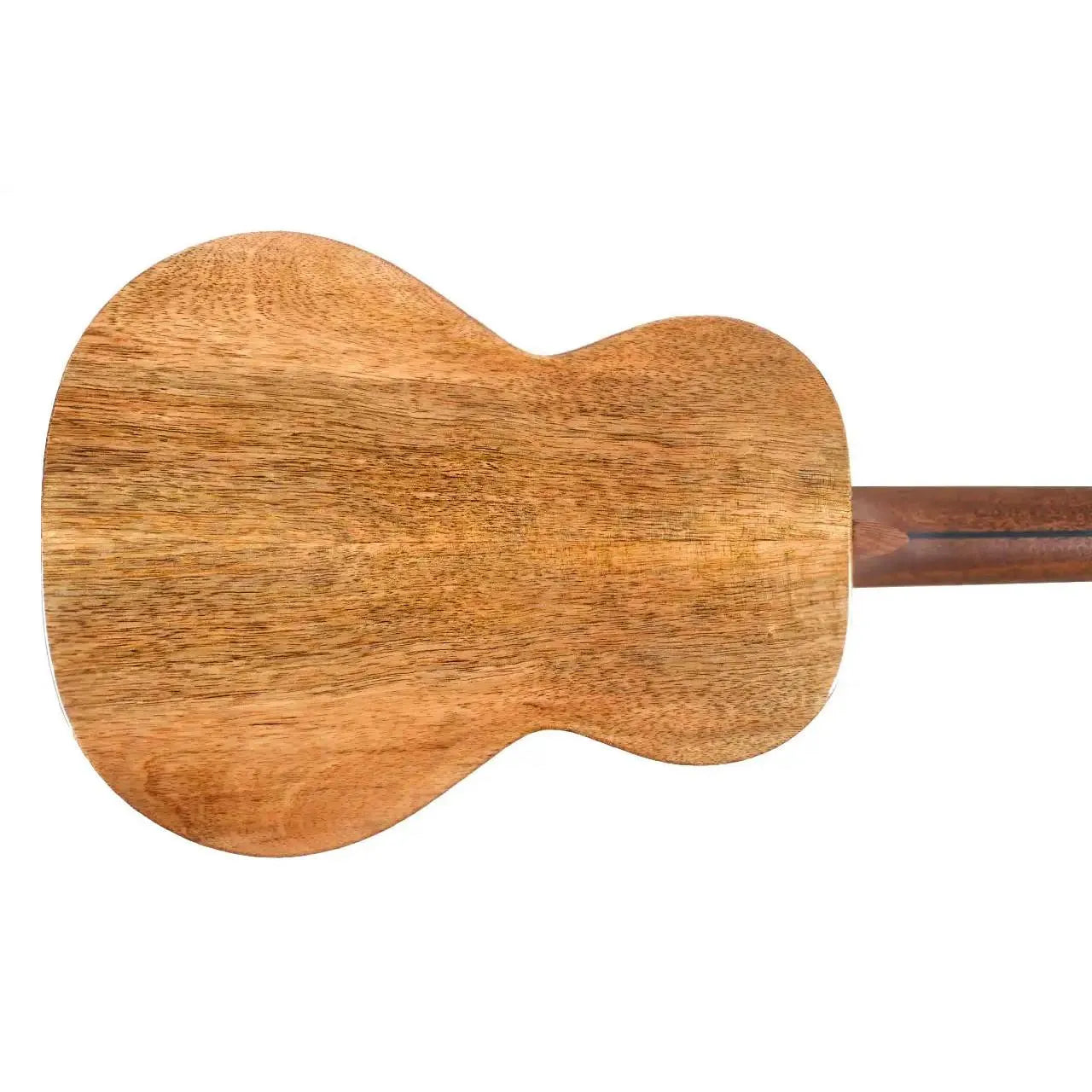Back of a Flight Fireball EQ-A Tenor Ukulele, showing its solid mango wood grain and dark mahogany neck.