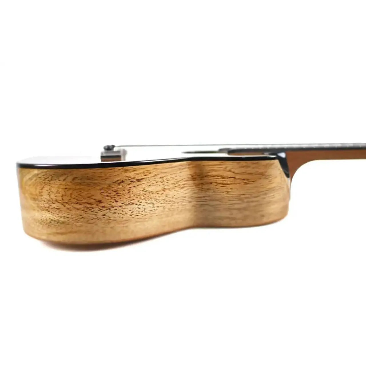 Side view of Flight Fireball EQ-A Tenor Ukulele, showing its solid mango wood body with dark binding.