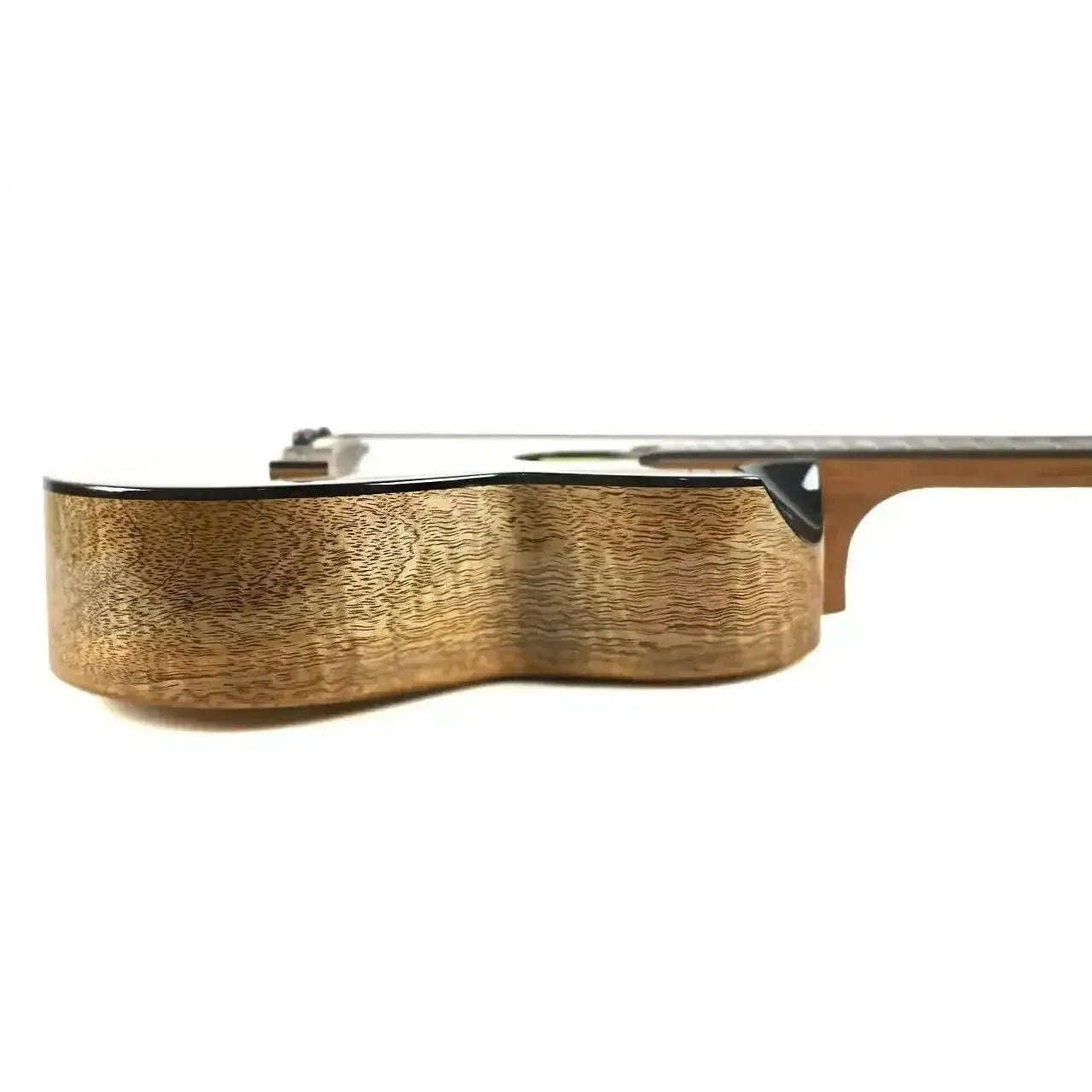 Flight Fireball EQ-A Tenor Ukulele side view, showing solid mango wood grain and black binding.