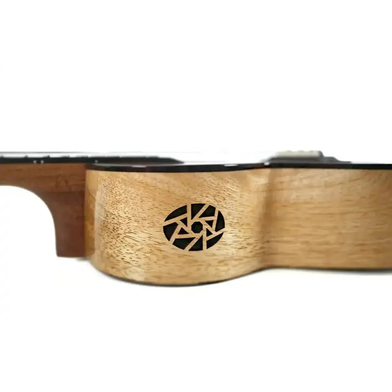 Flight Fireball EQ-A Tenor Ukulele side view, showing light solid mango wood and black soundhole design.