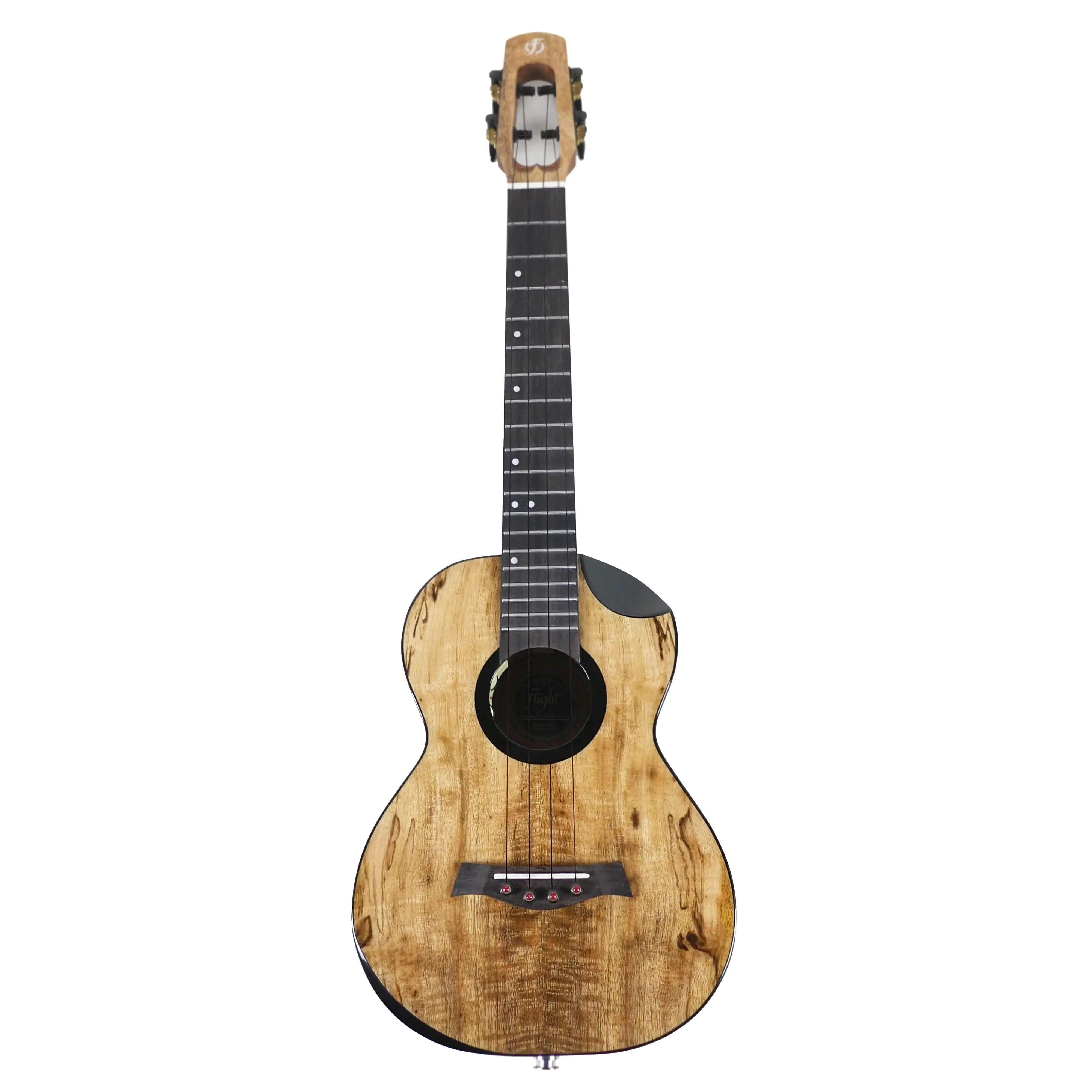 Flight Fireball EQ-A Tenor Ukulele, solid mango wood with unique grain, dark fretboard, and black tuning pegs.