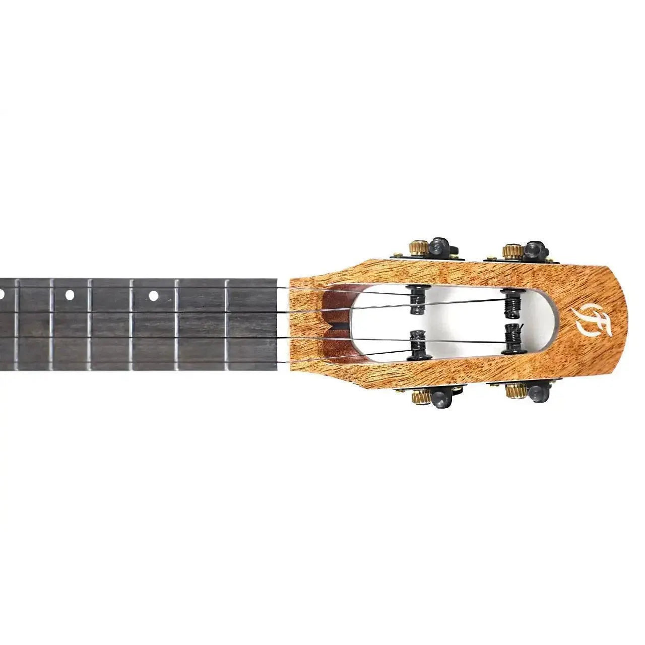 Flight Fireball EQ-A Tenor Ukulele headstock and fretboard, showing solid mango wood and logo.